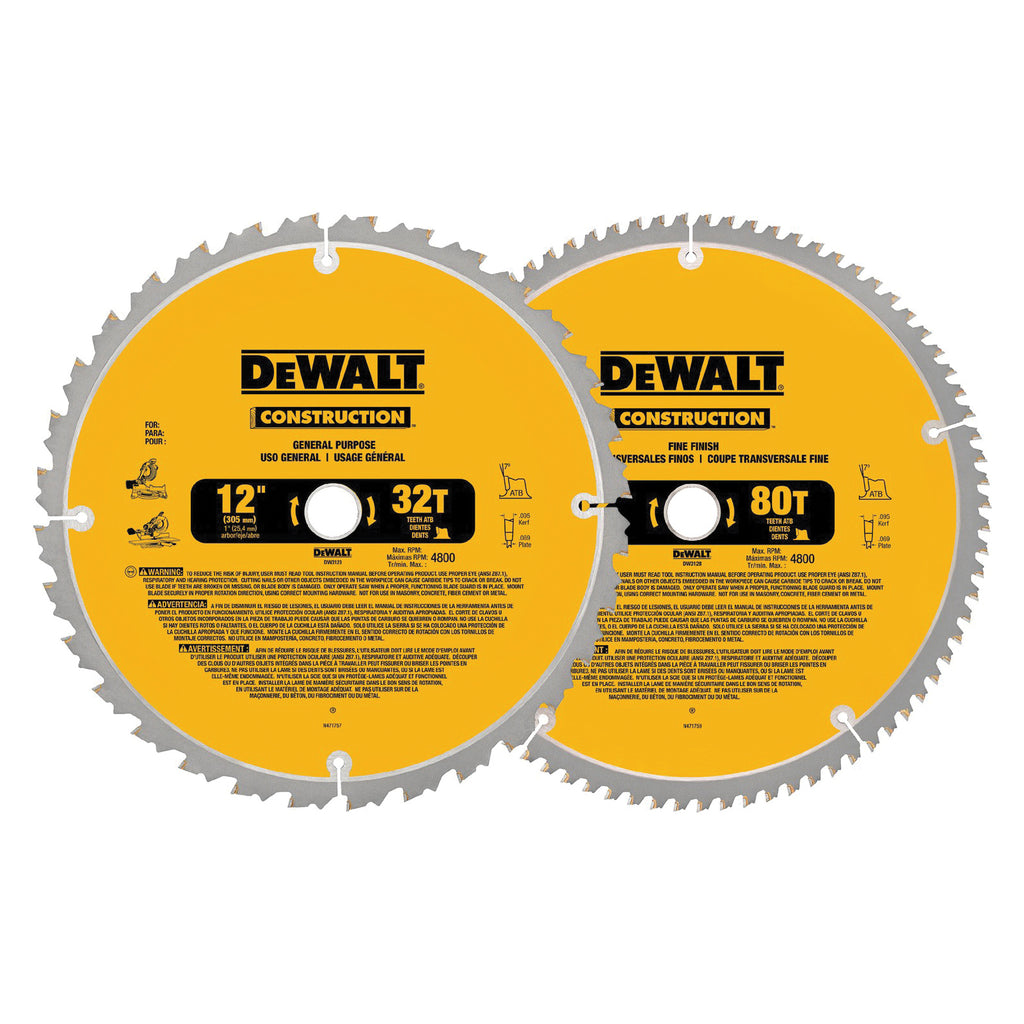 DeWALT® Guaranteed Tough® DW3128P5 Combo Large Diameter Thin Kerf Circular Saw Blade, 12 in Dia x 0.069 in THK, 1 in Arbor, Carbide Blade, 32/80 Teeth
