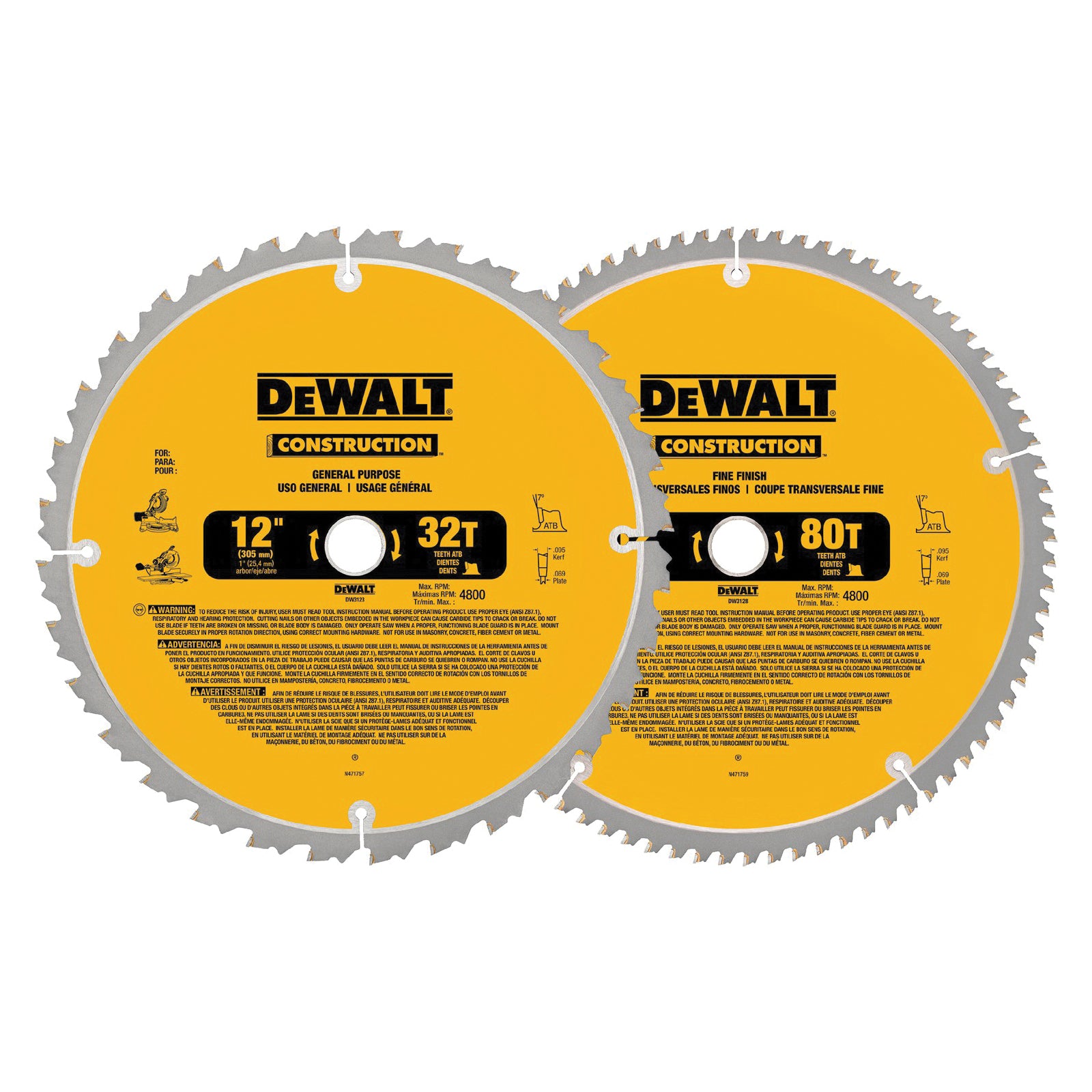 DeWALT® Guaranteed Tough® DW3128P5 Combo Large Diameter Thin Kerf Circular Saw Blade, 12 in Dia x 0.069 in THK, 1 in Arbor, Carbide Blade, 32/80 Teeth
