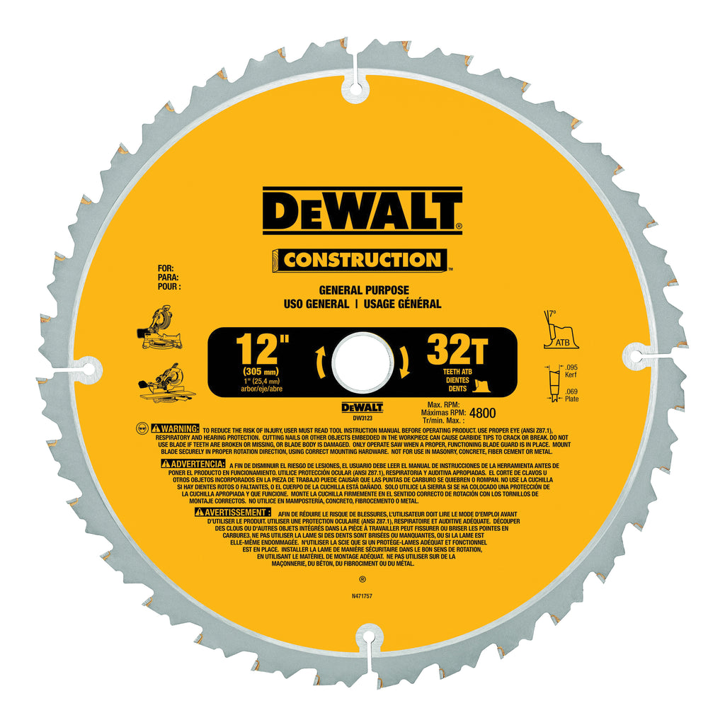 DeWALT® Guaranteed Tough® DW3128P5 Combo Large Diameter Thin Kerf Circular Saw Blade, 12 in Dia x 0.069 in THK, 1 in Arbor, Carbide Blade, 32/80 Teeth
