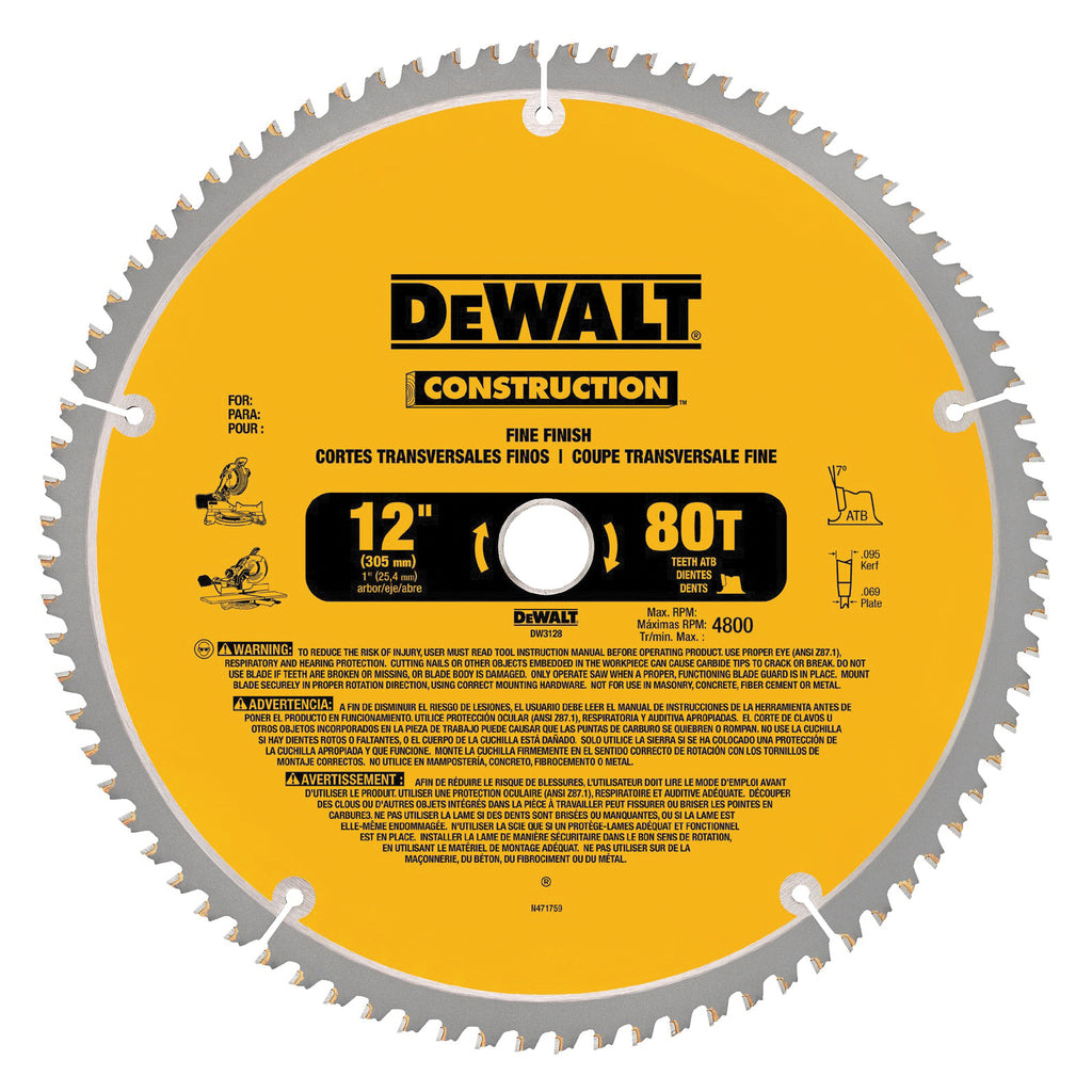 DeWALT® Guaranteed Tough® DW3128P5 Combo Large Diameter Thin Kerf Circular Saw Blade, 12 in Dia x 0.069 in THK, 1 in Arbor, Carbide Blade, 32/80 Teeth