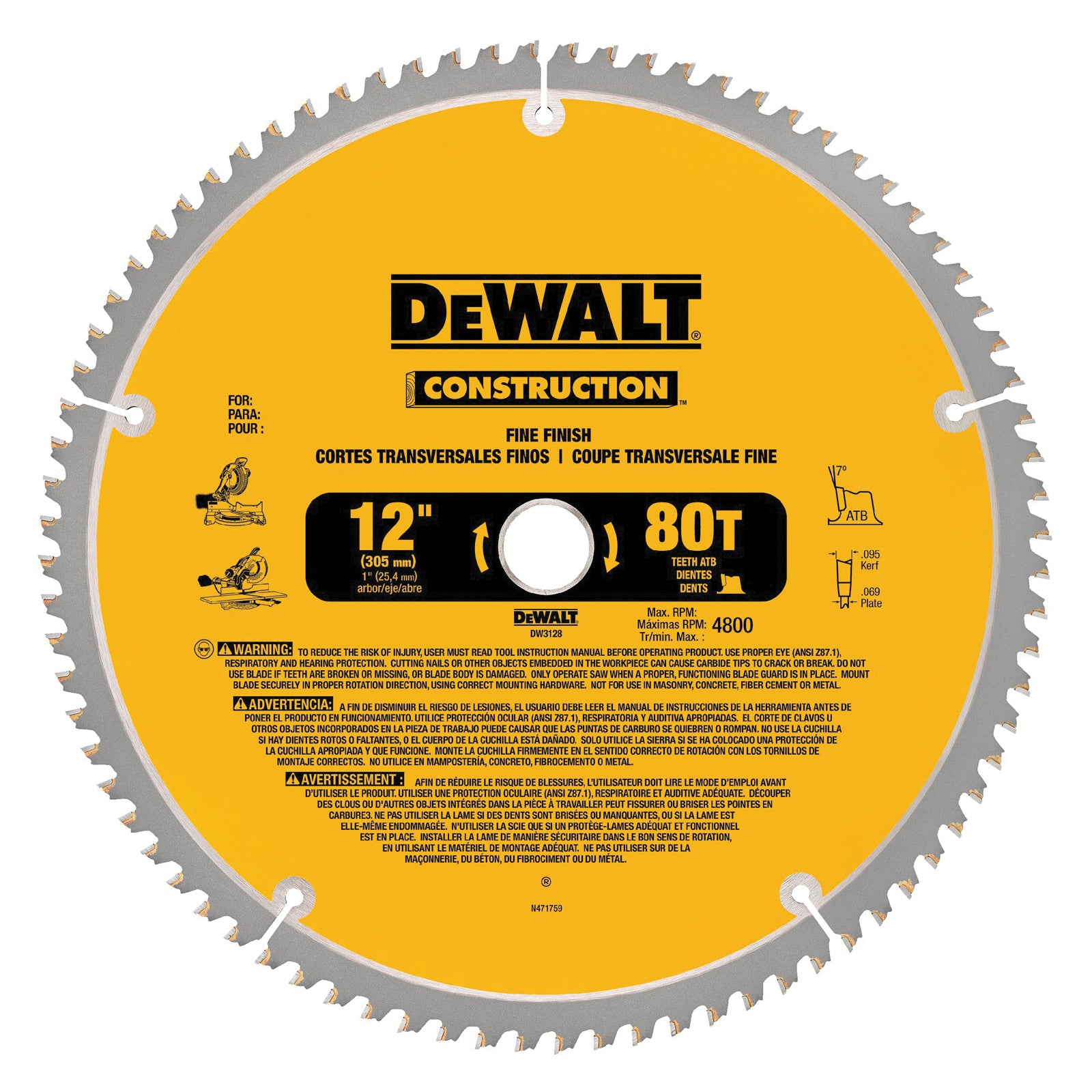 DeWALT® Guaranteed Tough® DW3128P5 Combo Large Diameter Thin Kerf Circular Saw Blade, 12 in Dia x 0.069 in THK, 1 in Arbor, Carbide Blade, 32/80 Teeth