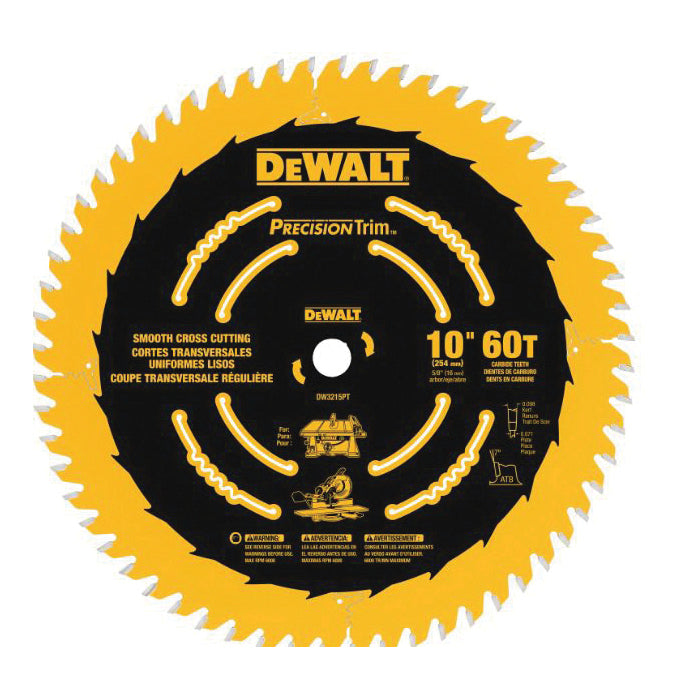 DeWALT® Precision Trim™ DW7140PT Circular Saw Blade, 10 in Dia x 0.071 in THK, 5/8 in Arbor, Carbide Blade, 40 Teeth