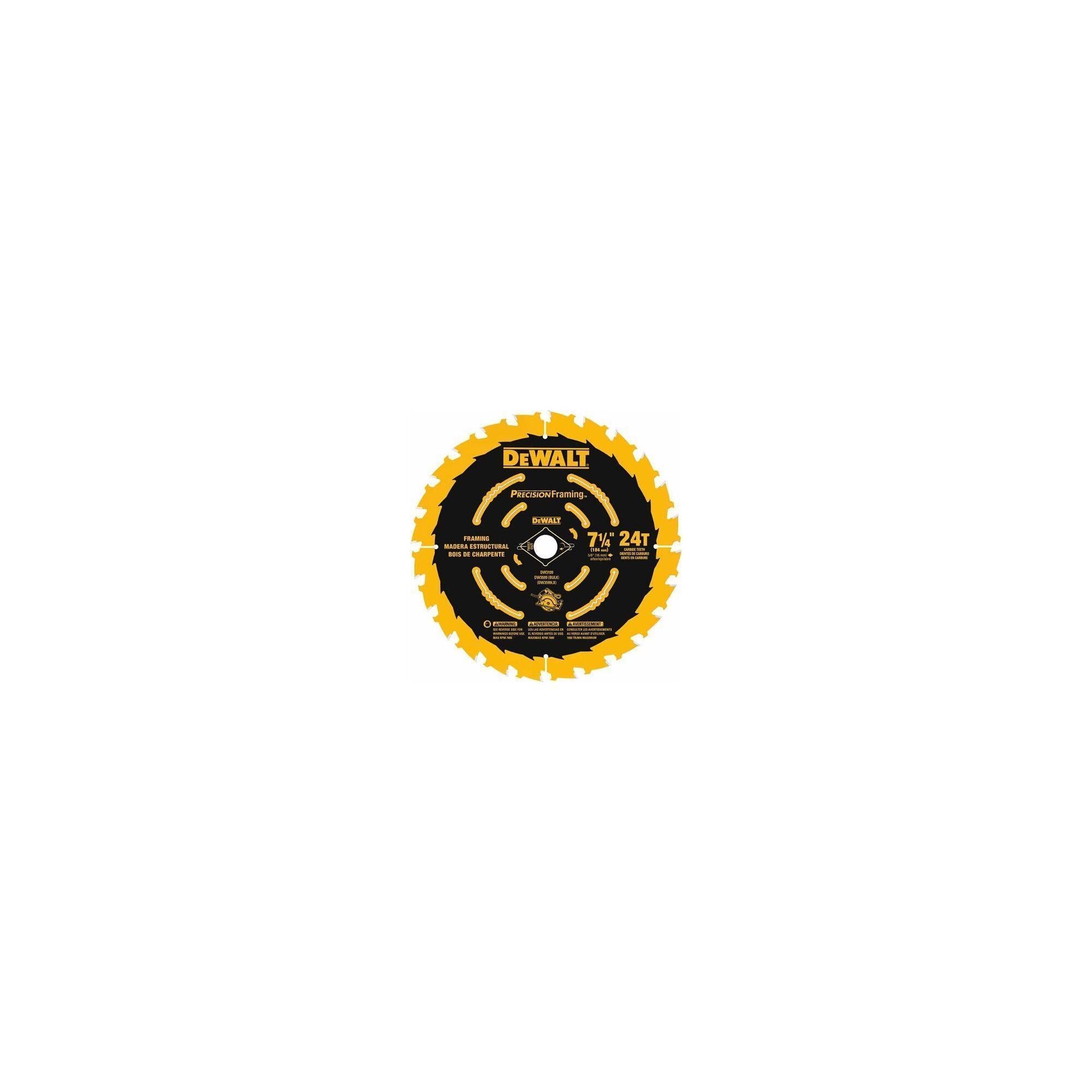 DeWALT® Precision Framing™ DW3599B10 Precision Thin Kerf Circular Saw Blade, 7-1/4 in Dia x 0.039 in THK, 5/8 in Arbor, Carbide Blade, 24 Teeth