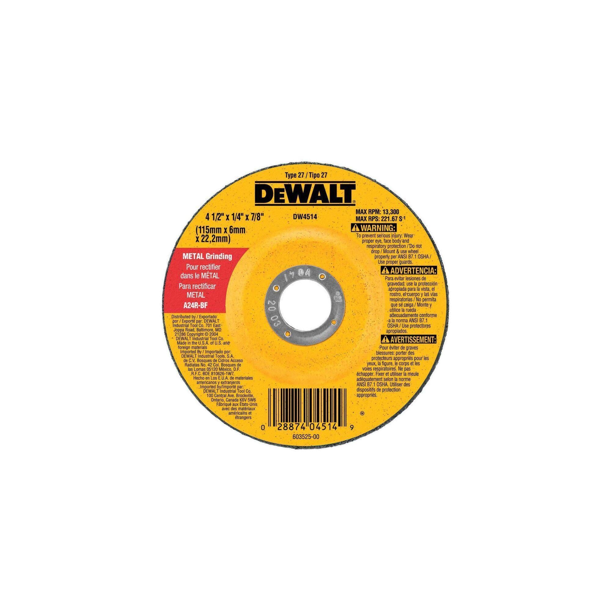 DeWALT® High Performance™ Guaranteed Tough® DW4619 Flat Depressed Center Grinding Wheel, 5 in Dia x 1/4 in THK, 7/8 in Center Hole, 24 Grit, Aluminum Oxide Abrasive