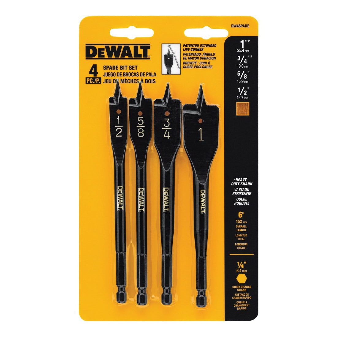 DeWALT® DW4SPADE Spade Bit Set, 5/8 in Min Drill Bit, 1 in Max Drill Bit, 4 Pieces, Alloy Steel