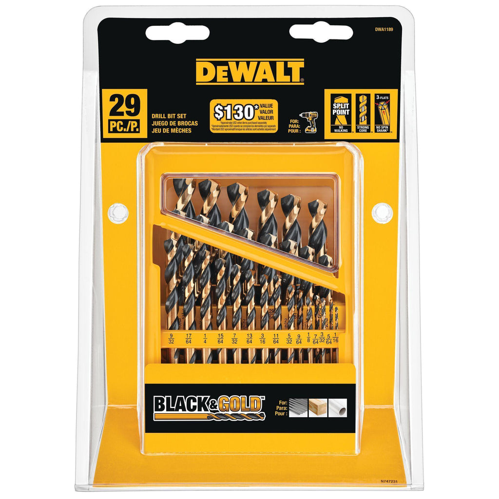 DeWALT® DWA1189 Drill Bit Set, 135 deg Drill Point Angle, 29 Pieces, HSS, Black Oxide