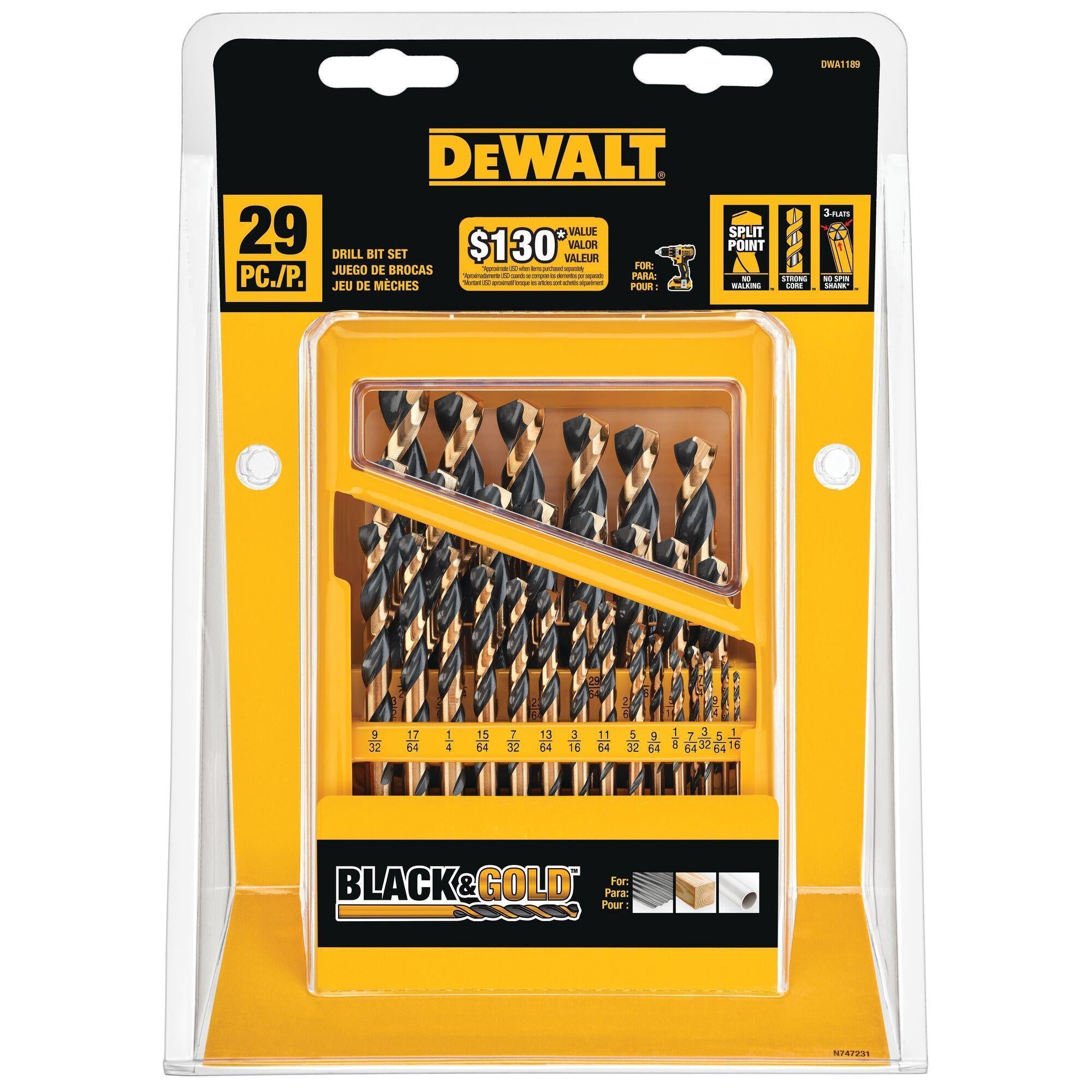 DeWALT® DWA1189 Drill Bit Set, 135 deg Drill Point Angle, 29 Pieces, HSS, Black Oxide