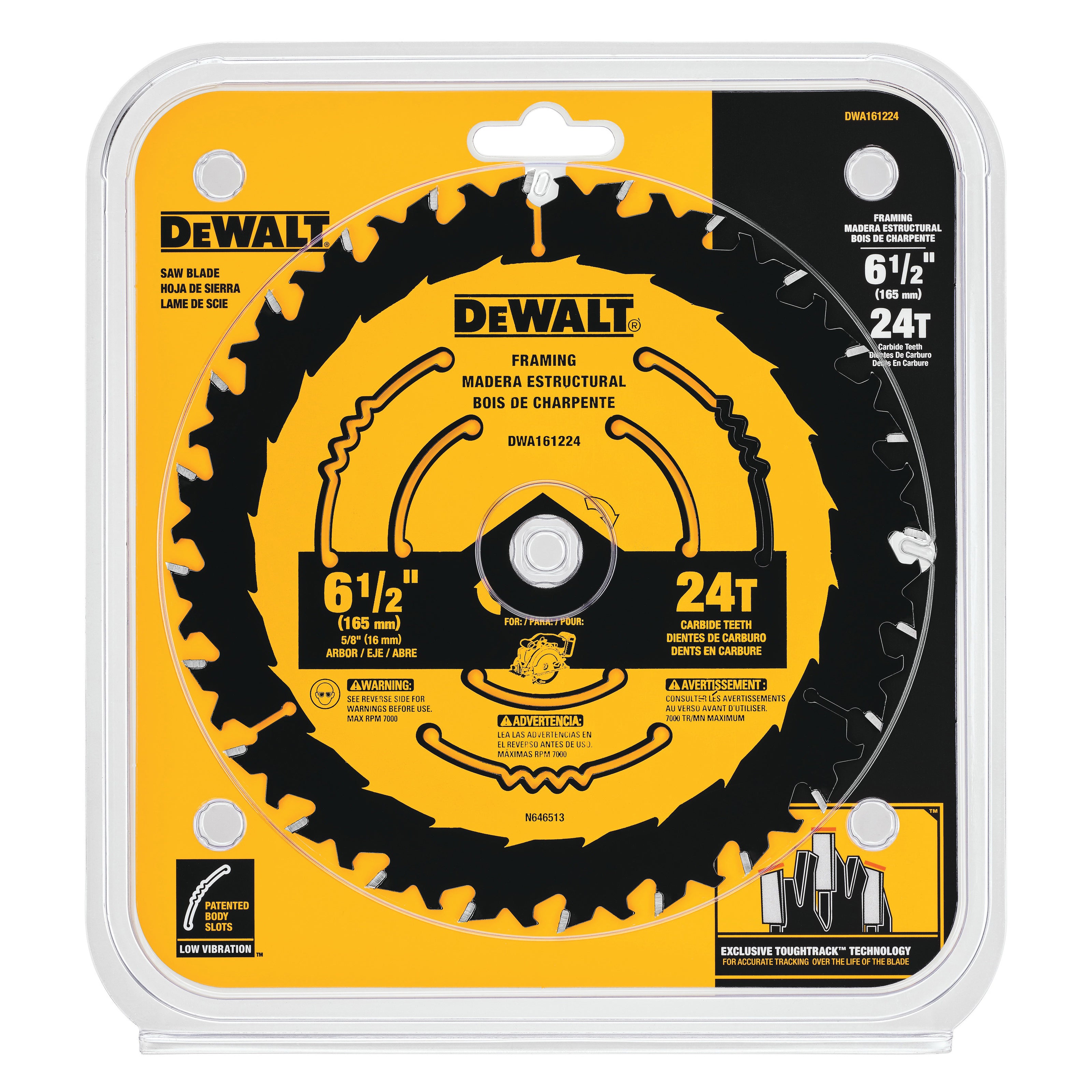 DeWALT® DWA161218 Circular Saw Blade, 6-1/2 in Dia x 0.039 in THK, 5/8 in Arbor, Tungsten Carbide Blade, 18 Teeth