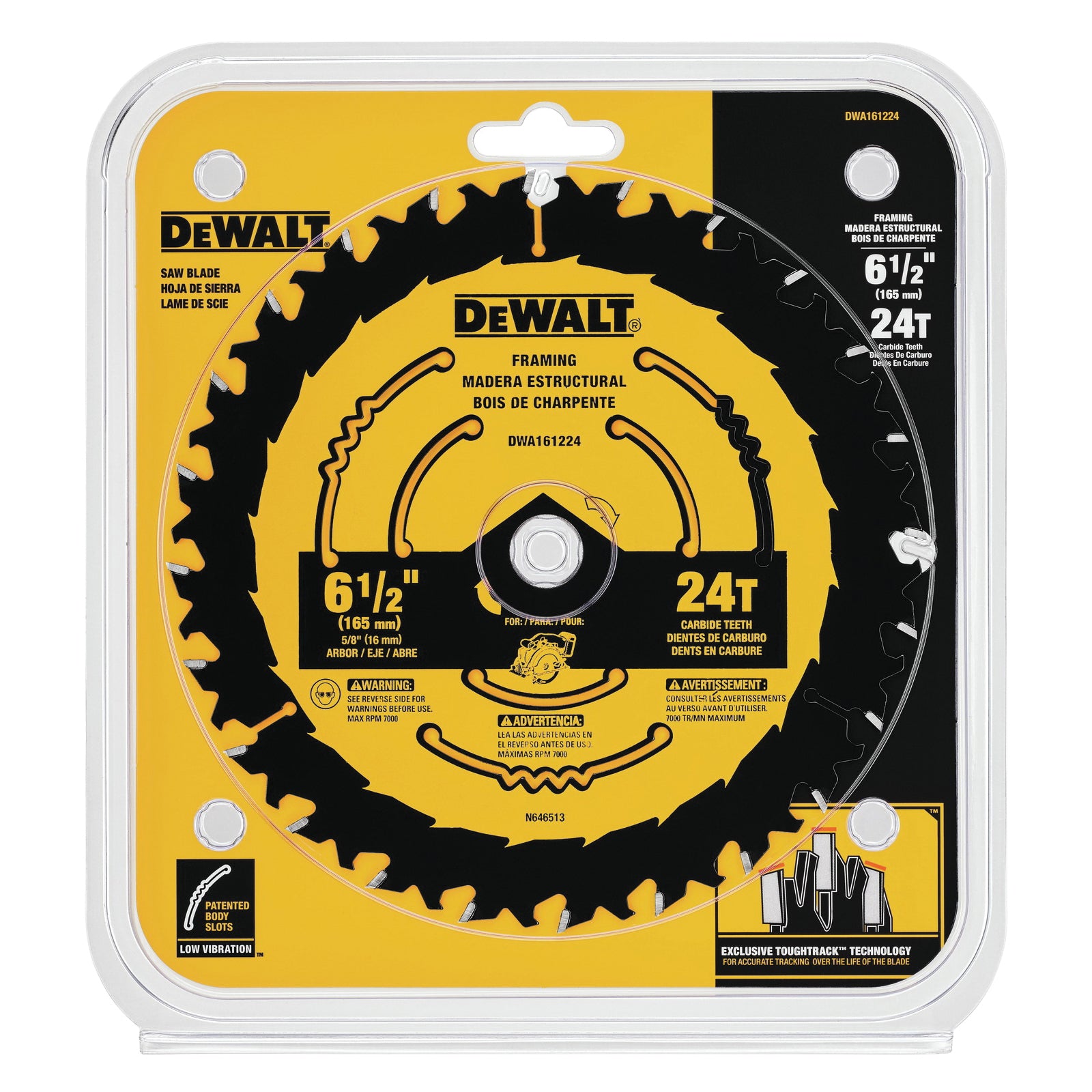 DeWALT® DWA161224 Circular Saw Blade, 6-1/2 in Dia, 5/8 in Arbor, 24 Teeth