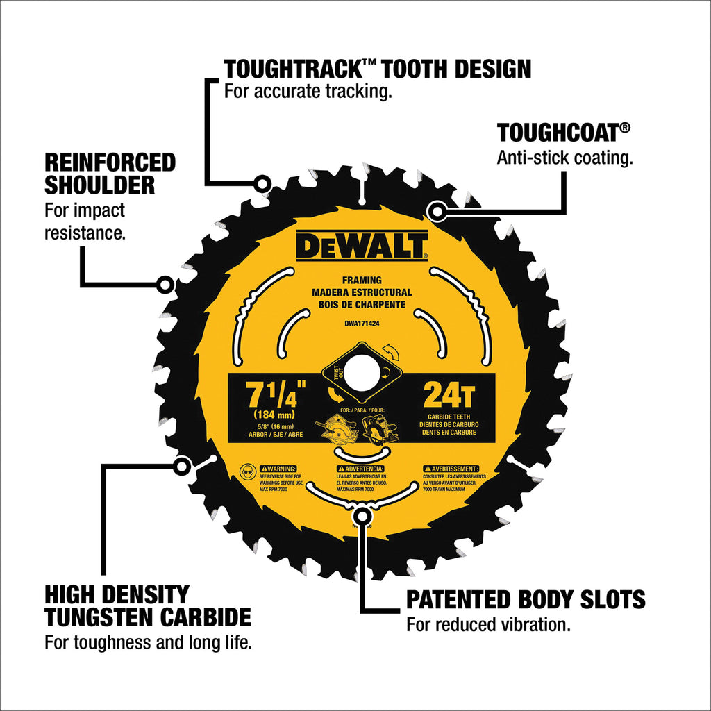 DeWALT® DWA161224 Circular Saw Blade, 6-1/2 in Dia, 5/8 in Arbor, 24 Teeth