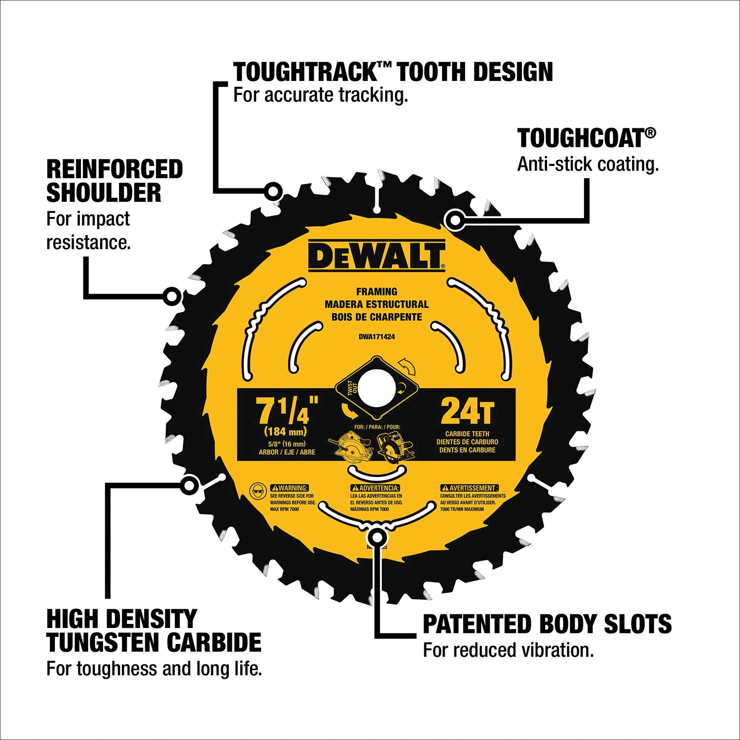 DeWALT® DWA161224 Circular Saw Blade, 6-1/2 in Dia, 5/8 in Arbor, 24 Teeth