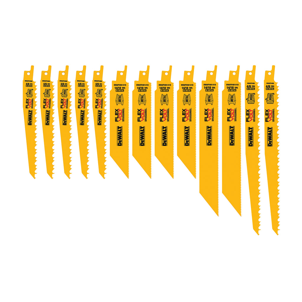 DeWALT® DWAFV413SET General Purpose Tapered Back Reciprocating Saw Blade Set, 6 in, 8 in, 9 in L x 3/4 in, 1 in W, Bi-Metal Body