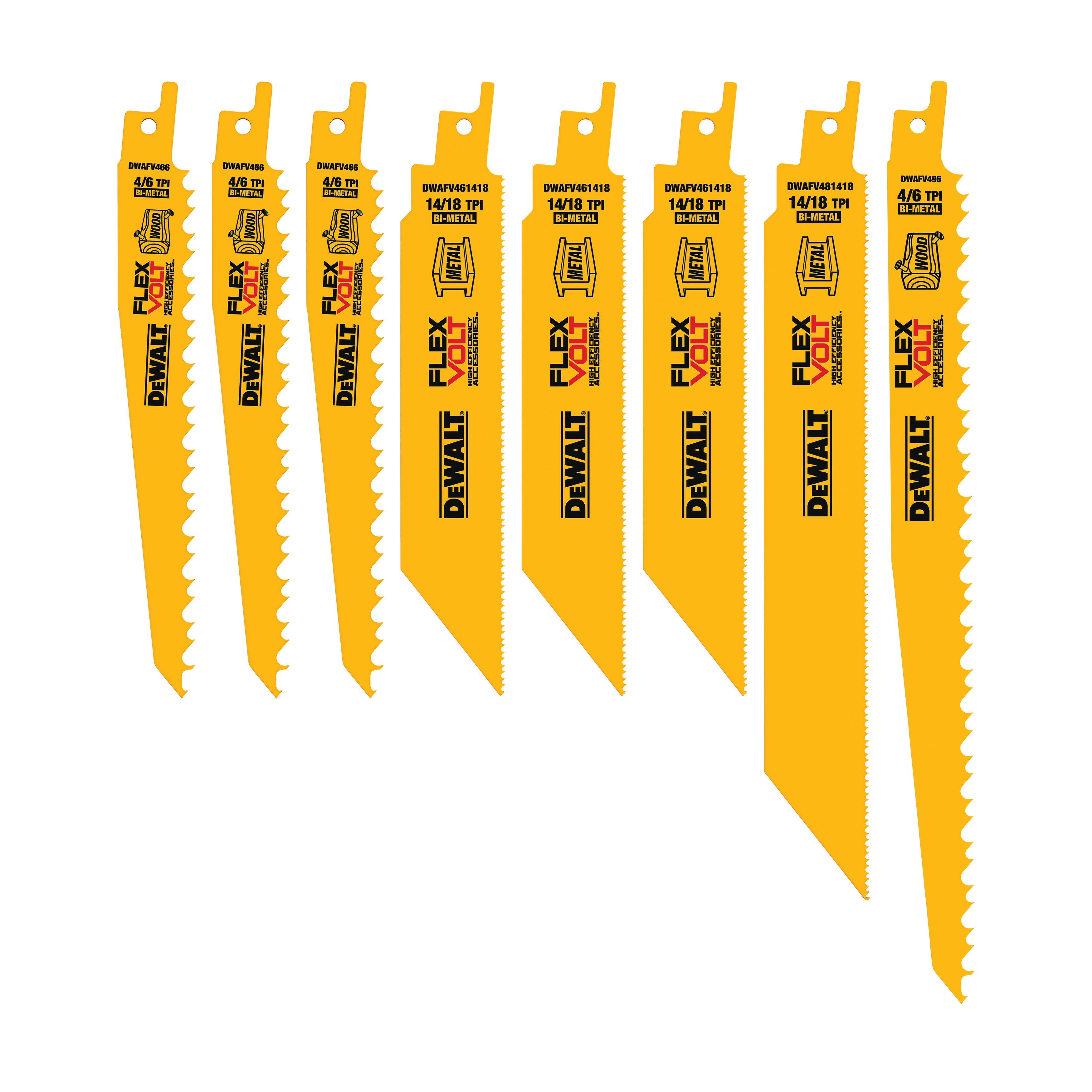 DeWALT® DWAFV48SET General Purpose Tapered Back Reciprocating Saw Blade Set, 6 in, 8 in, 9 in L x 3/4 in, 1 in W, Bi-Metal Body