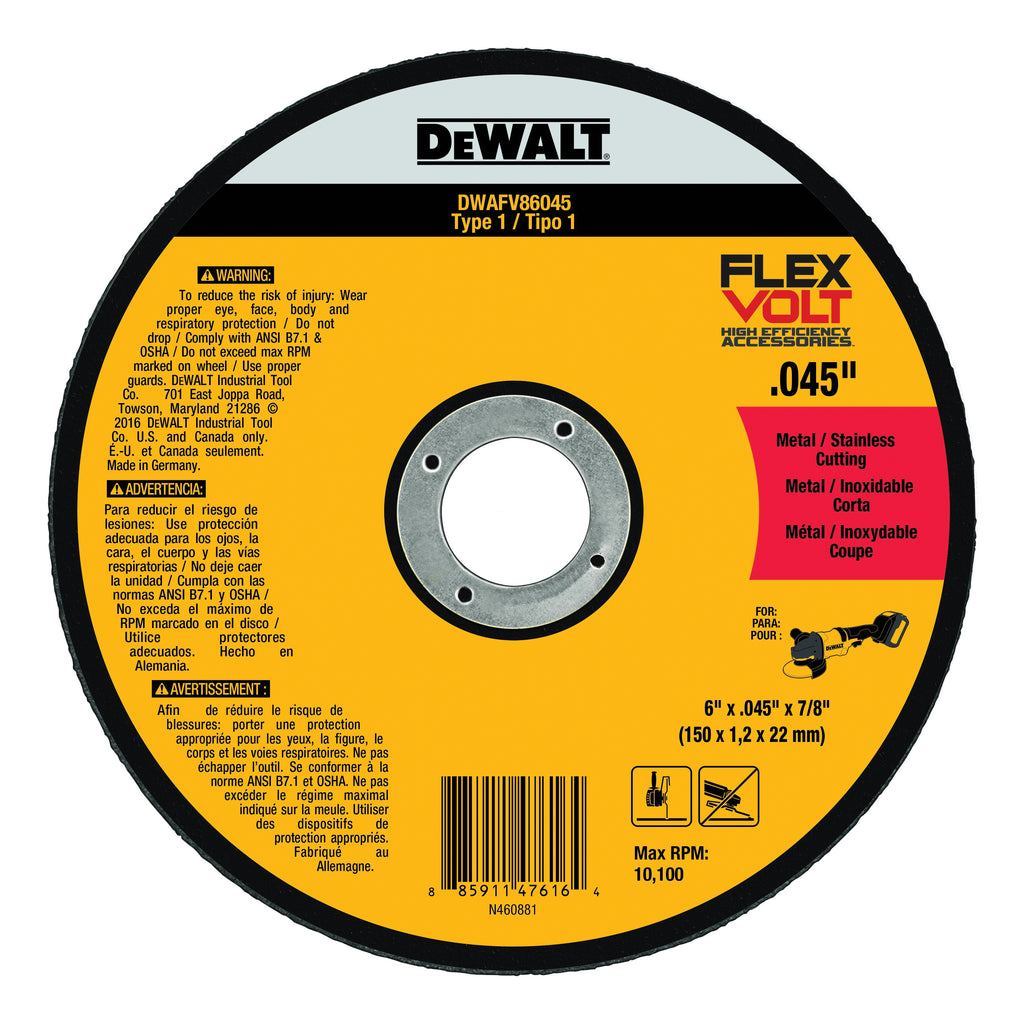 DeWALT® DWAFV86045 FLEXVOLT® Small Diameter Flexvolt Cut-Off Wheel, 6 in Dia x 0.045 in THK, 7/8 in Center Hole, 24 Grit, Ceramic Abrasive