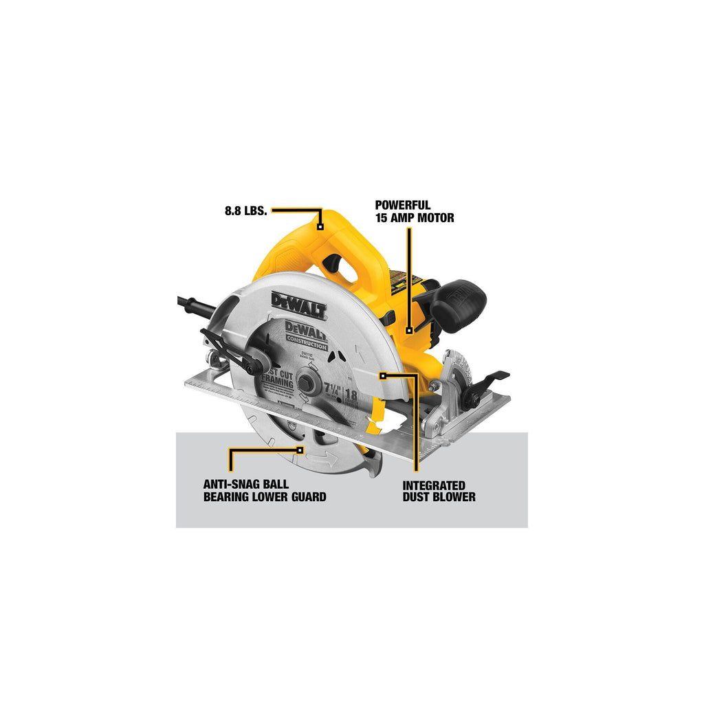 DeWALT® DWE575 Lightweight Next Generation Circular Saw, 7-1/4 in Dia Blade, 5/8 in Arbor/Shank, 1-7/8 in at 45 deg, 2-9/16 in 90 deg Cutting, Right Blade Side
