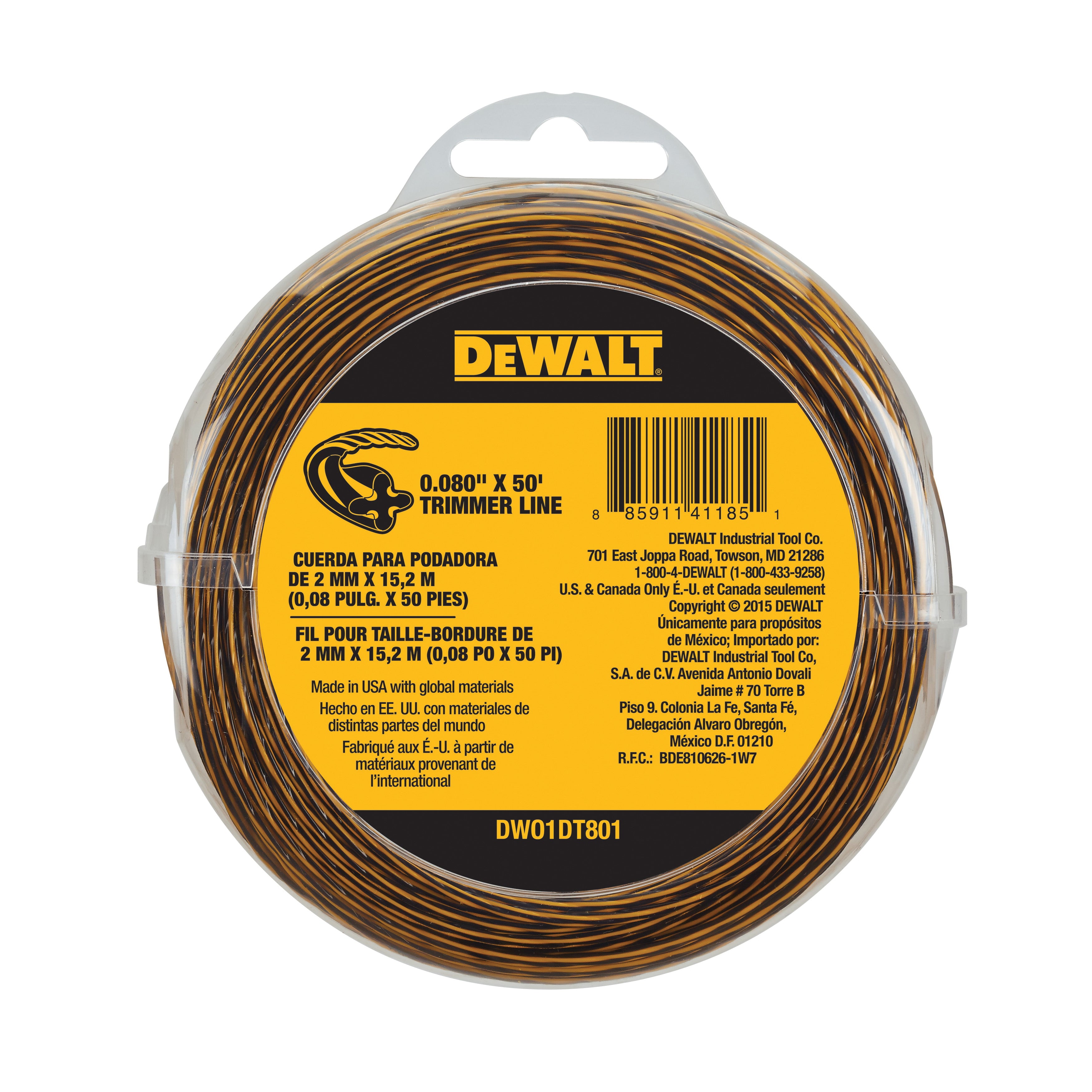 DeWALT® DWO1DT801 String Trimmer Line, 0.08 in Dia x 50 ft L, For Use With Edging Grass Trimmer, Yellow