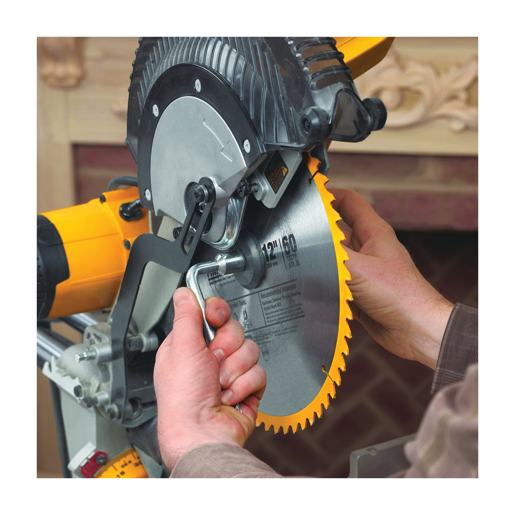 DeWALT® DWS780 Double Bevel Sliding Compound Miter Saw, 12 in Dia Blade, 5/8 in, 1 in Arbor/Shank, 4-1/2 in H x 9-1/2 in W at 45 deg, 4-1/2 in H x 13-3/4 in W at 90 deg Cutting, 50 to 60 deg Miter, 49 deg Bevel