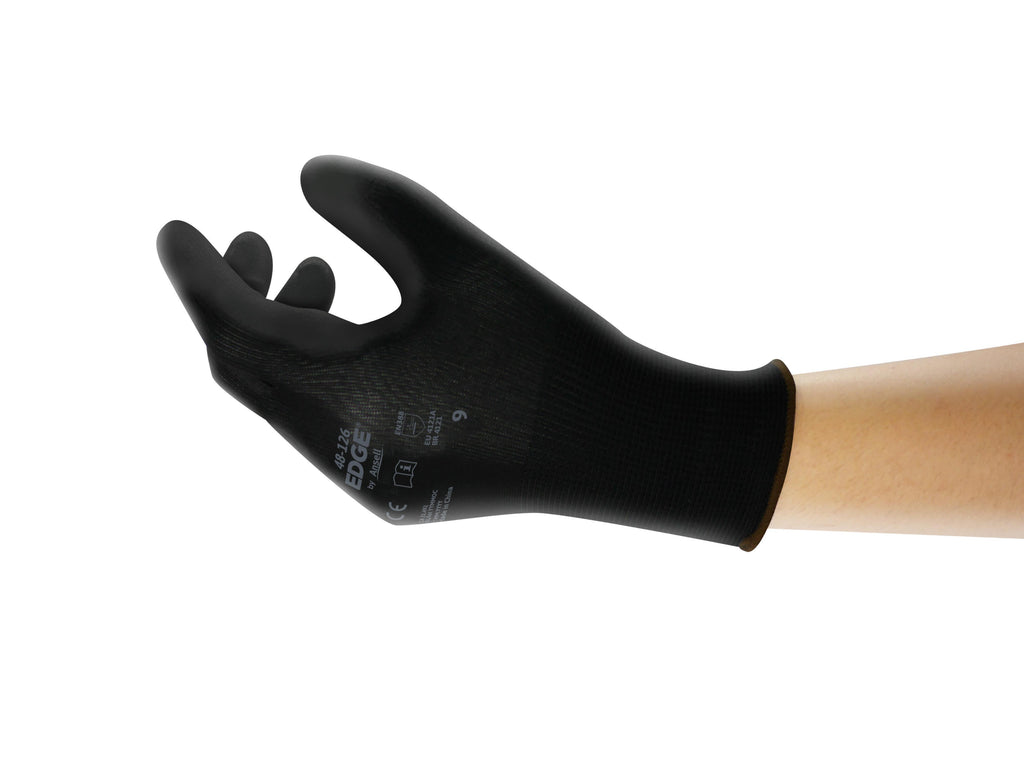 Edge® 48126090 Light Duty Knit Gloves, L, Polyurethane/Polyester, Black, Polyester Lining, Knit Wrist Cuff, 10 in L, Resists: Abrasion