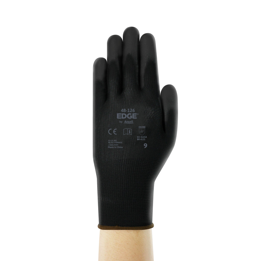Edge® 48126090 Light Duty Knit Gloves, L, Polyurethane/Polyester, Black, Polyester Lining, Knit Wrist Cuff, 10 in L, Resists: Abrasion