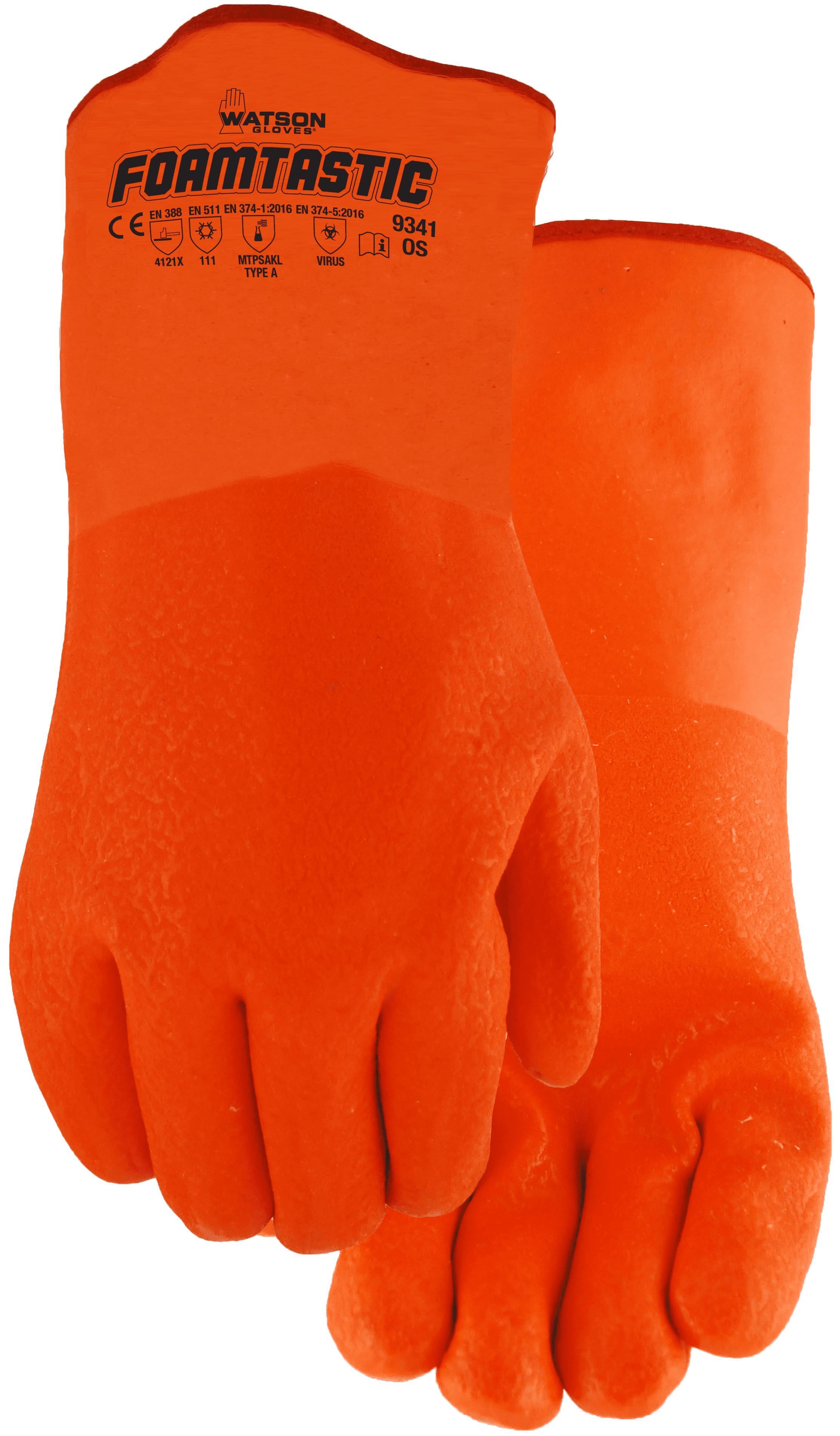 Foamtastic 9341 Dipped Chemical-Resistant Gloves, Universal, PVC, Hi-Viz Orange, Foam Lining, 12 in L, Resists: Chemical, Supported Support, Gauntlet Cuff