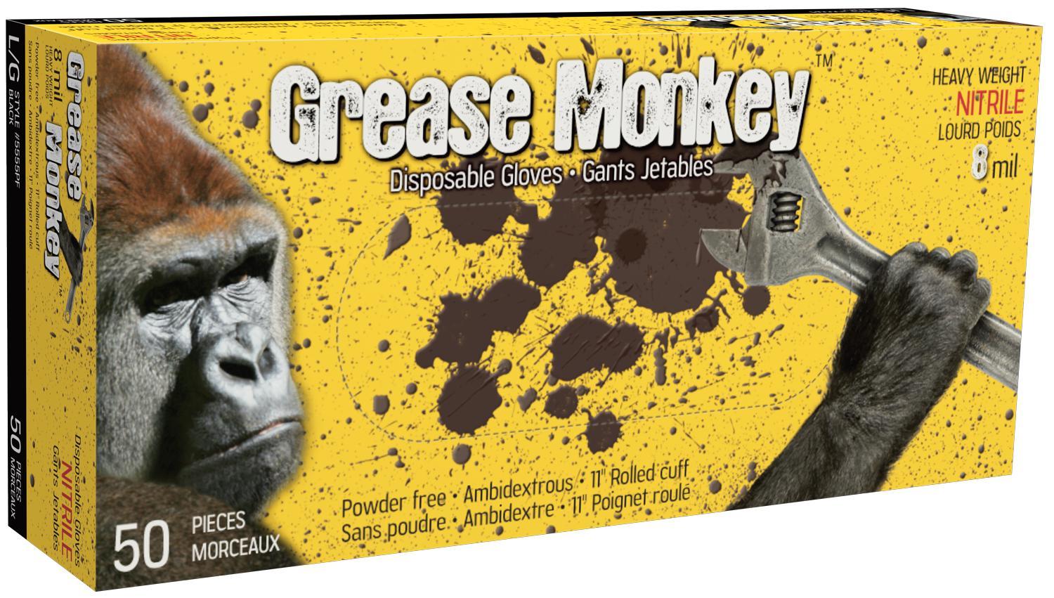 Grease Monkey™ 5555PF-L Disposable Gloves, L, Nitrile, Black, 11 in L, Non-Powdered, Textured, 8 mil THK, Ambidextrous Hand