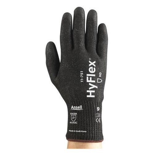HyFlex® 11751090 Medium Duty Cut Resistant Gloves, 9, Polyurethane Coating, Intercept Technology®, Knit Wrist Cuff, Resists: Abrasion, Cut and Puncture, ANSI Cut-Resistance Level: A4, ANSI Puncture-Resistance Level: 4, Ambidextrous Hand