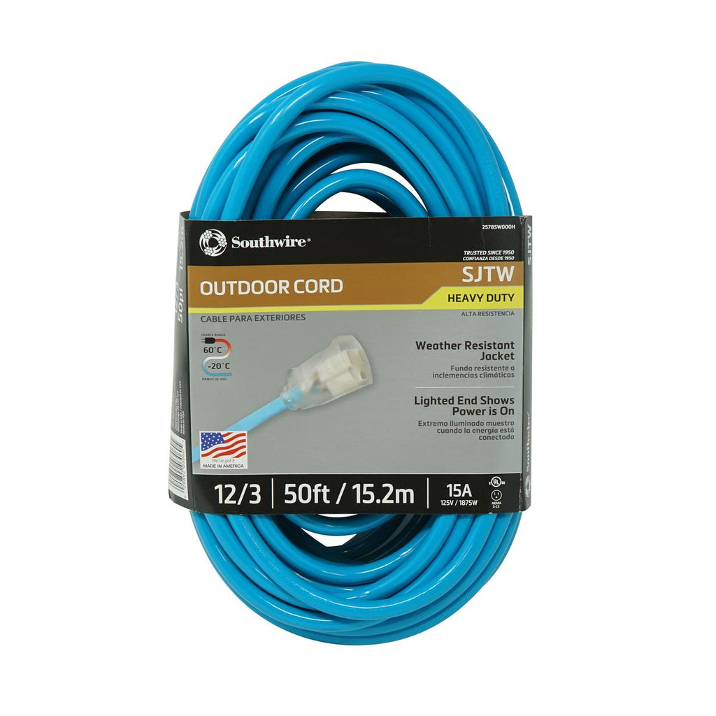 Southwire® 2578SW000H Heavy Duty High Visibility Extension Cord With Power Light Indicator, 125 V, 15 A, 1875 W, 100 ft L Cord, 3 Conductors