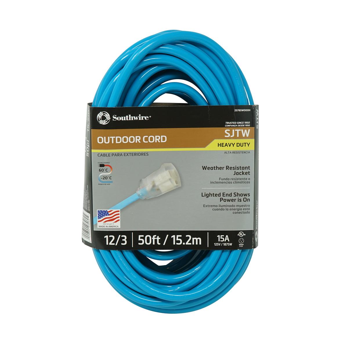 Southwire® 2578SW000H Heavy Duty High Visibility Extension Cord With Power Light Indicator, 125 V, 15 A, 1875 W, 100 ft L Cord, 3 Conductors