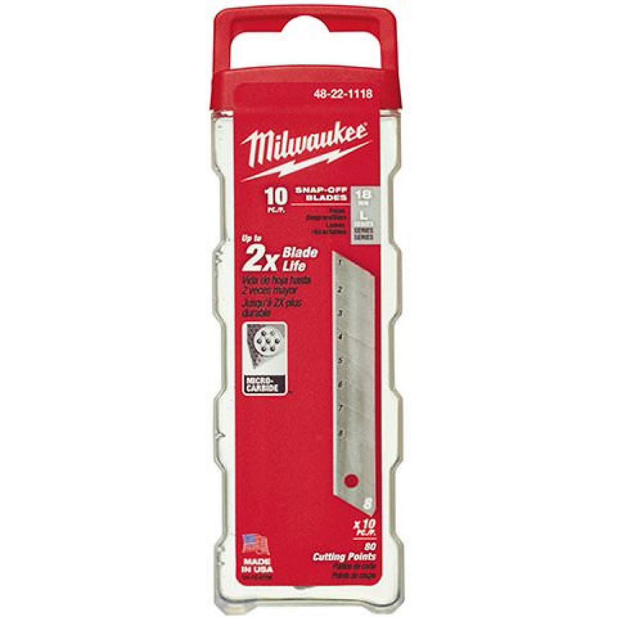 Milwaukee® 48-22-1118 10-Piece General Purpose Utility Knife Blade With Dispenser, Micro Carbide Metal, Snap-Off, 5-3/4 in L x 18 mm W Blade, Compatible With: Milwaukee® Most Standard Utility Knives, 0.02 in THK