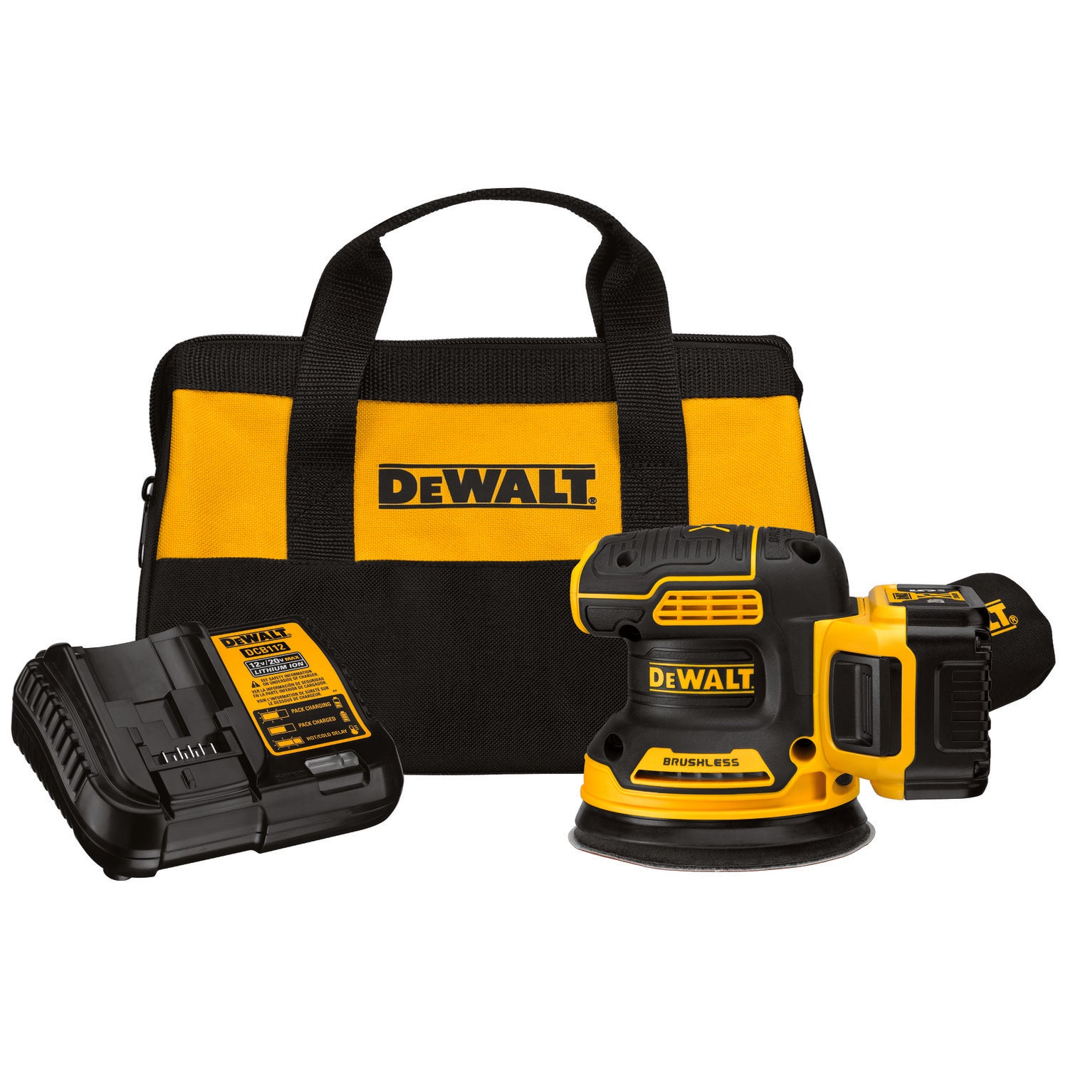 DeWALT® DCW210P1 20V MAX Random Orbit Cordless Sander Kit, 5 in Dia Wheel, 20 V AC, 8000 to 12000 opm, Li-Ion Battery, Black/Yellow