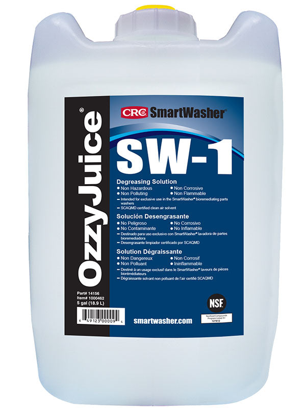 SmartWasher® 14156 OzzyJuice® SW-1 Industrial Strength Non-Corrosive Non-Flammable Water Based Cleaning Solution, 5 gal Jug, Low Fragrance/Mild Odor/Scent, Clear, Liquid Form