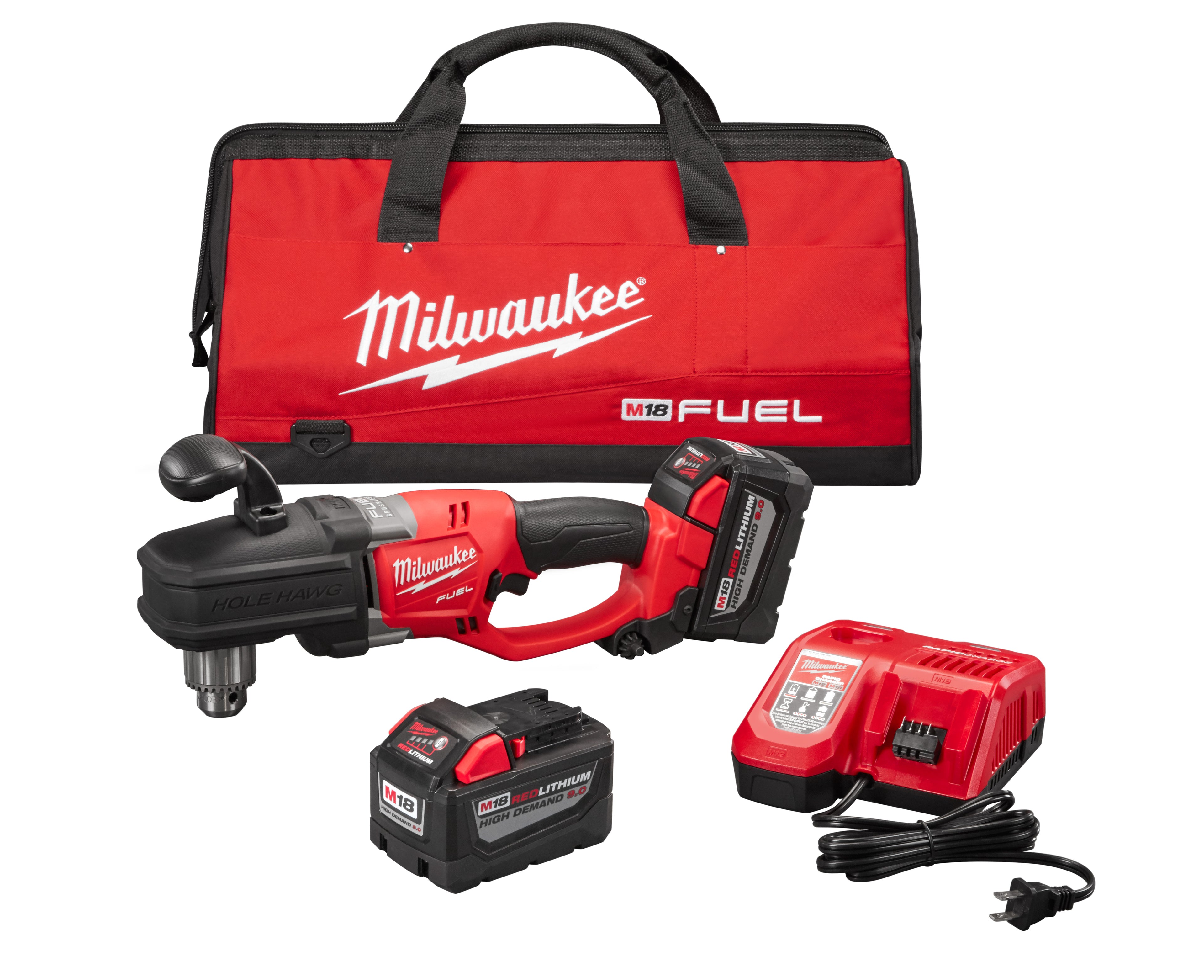 Milwaukee® M18™ FUEL™ 2707-22HD Cordless Right Angle Drill Kit, 1/2 in Metal Chuck, 18 VDC, 650 ft-lb Torque, 0 to 1200 rpm No-Load, 17 in OAL, Li-Ion Battery