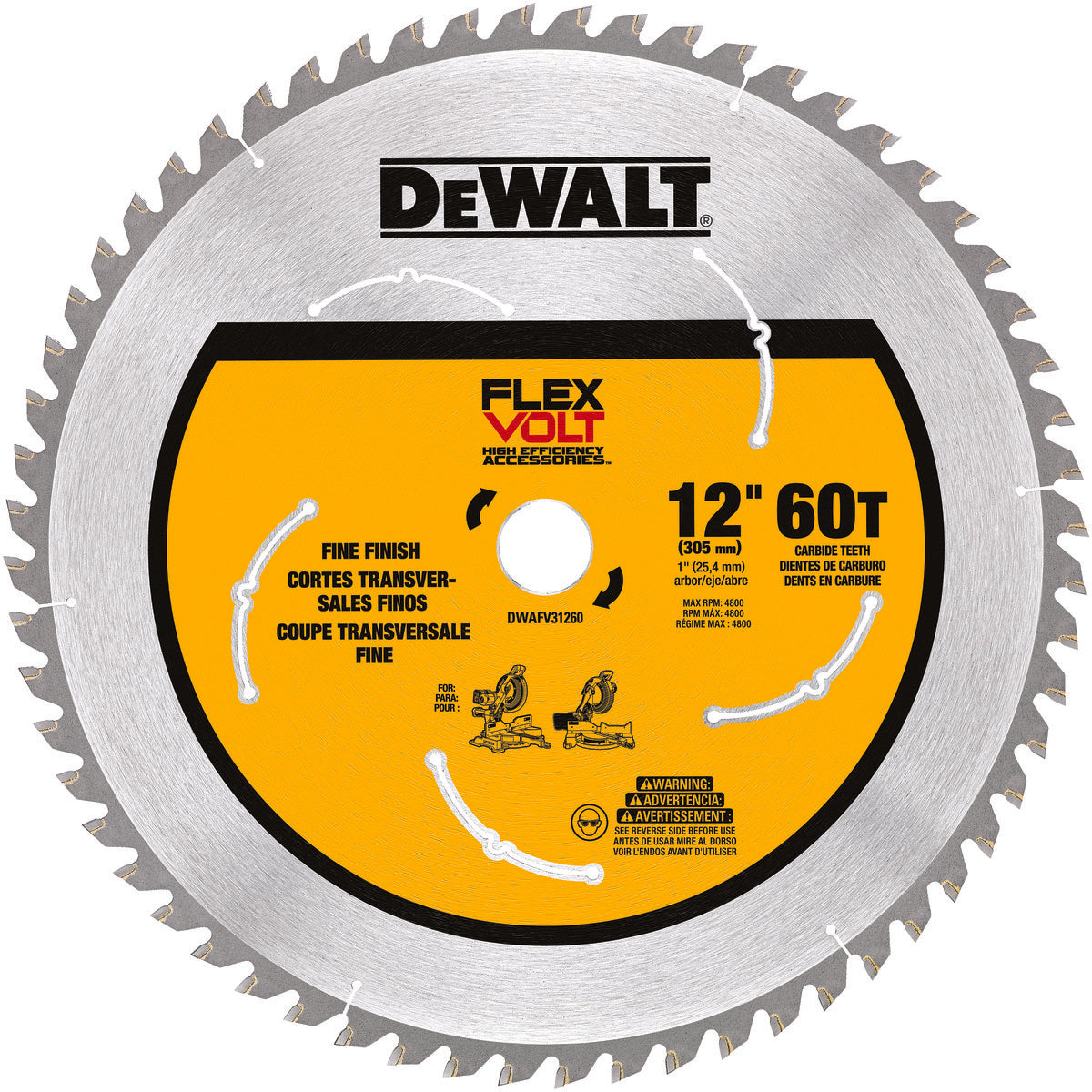 DeWALT® FLEXVOLT™ DWAFV31260 FLEXVOLT™ Miter Saw Blade, 12 in Dia x 0.063 in THK, 1 in Arbor, 60 Teeth