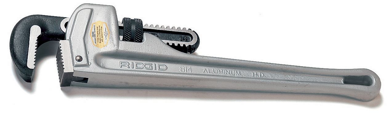 RIDGID® 31100 Straight Pipe Wrench, 2-1/2 in Pipe, 18 in OAL, Floating Forged Hook Jaw, Aluminum Handle, Knurled Nut Adjustment