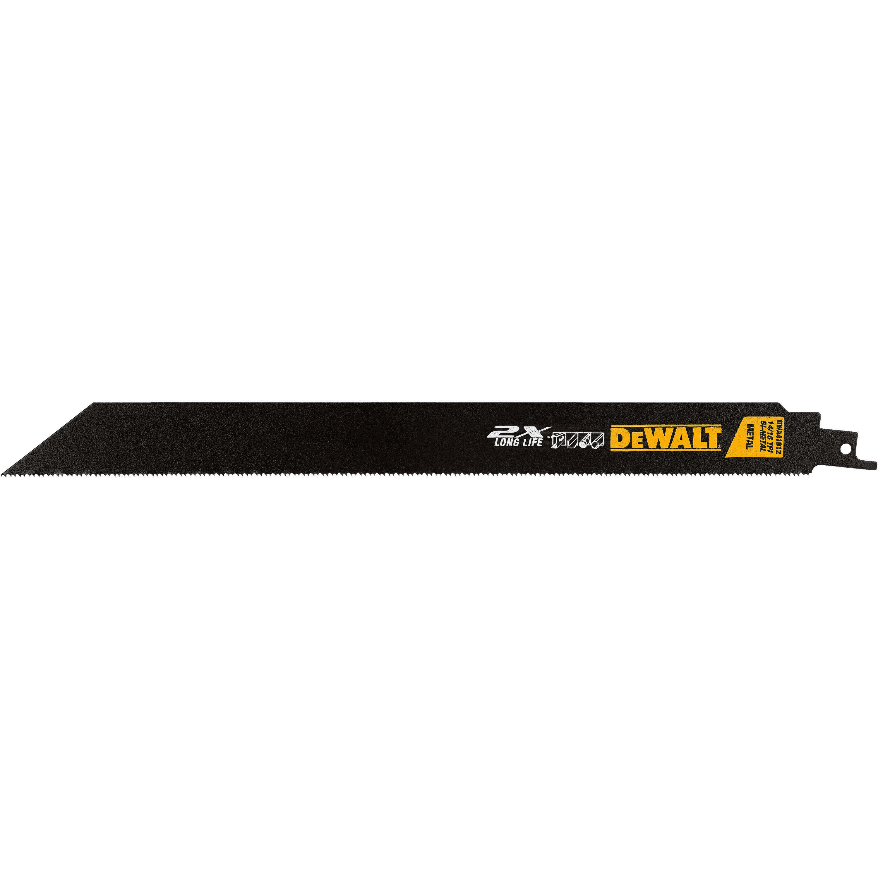 DeWALT® 2X™ DWA41812 Premium Straight Back Reciprocating Saw Blade, 12 in L x 1 in W, 14/18 TPI, Bi-Metal Body, Universal/Toothed Edge Tang