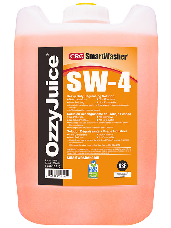 SmartWasher® 14148 OzzyJuice® SW-4 Heavy Duty Industrial Strength Non-Flammable Water Based Cleaning Solution, 5 gal Jug, Minimal Odor/Scent, Light Brown, Liquid Form