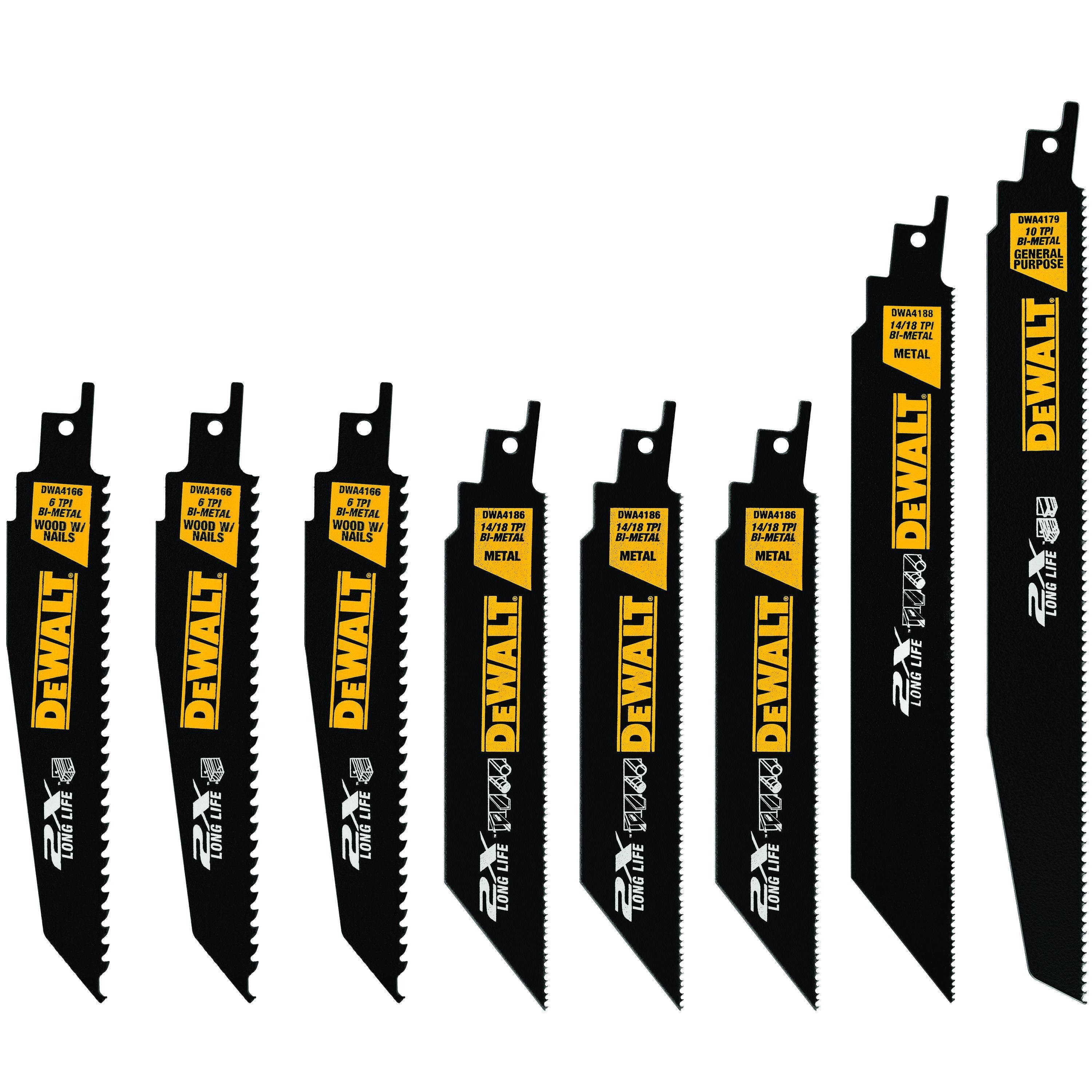 DeWALT® DWA4101 8-Piece Reciprocating Saw Blade Set, 1 in W, Bi-Metal/High Speed Steel Body, Universal/Toothed Edge Tang
