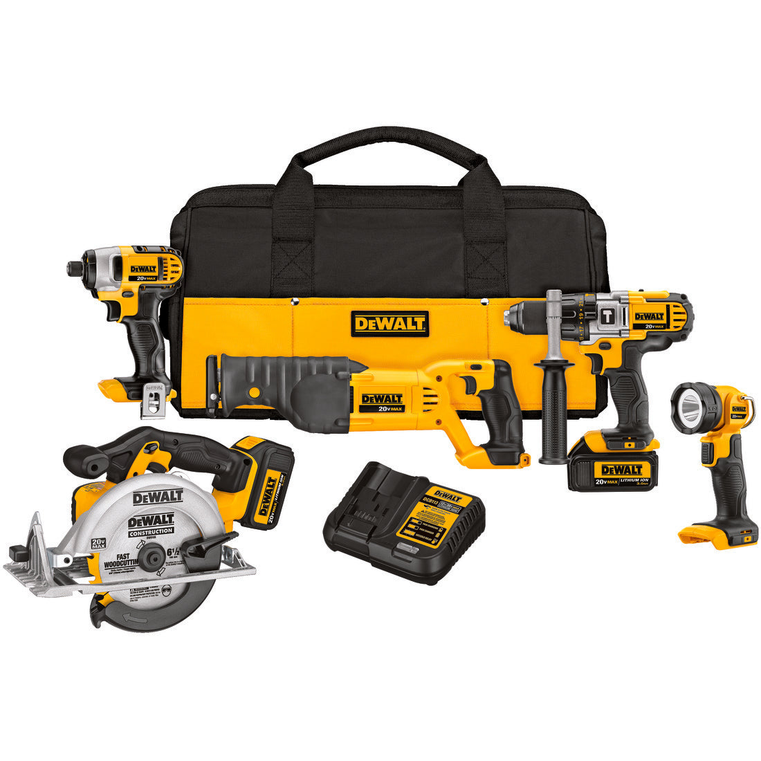 DeWALT® DCK592L2 5-Tool Compact Cordless Combination Kit, Tools: Circular Saw, Hammer Drill, Impact Driver, Reciprocating Saw, 20 V DC, 3 Ah Lithium-Ion Battery