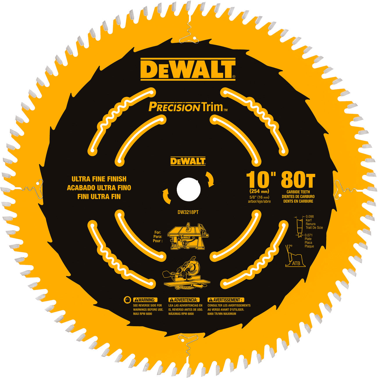 DeWALT® Precision Trim™ DW3218PT Circular Saw Blade, 10 in Dia x 0.071 in THK, 5/8 in Arbor, Carbide Blade, 80 Teeth