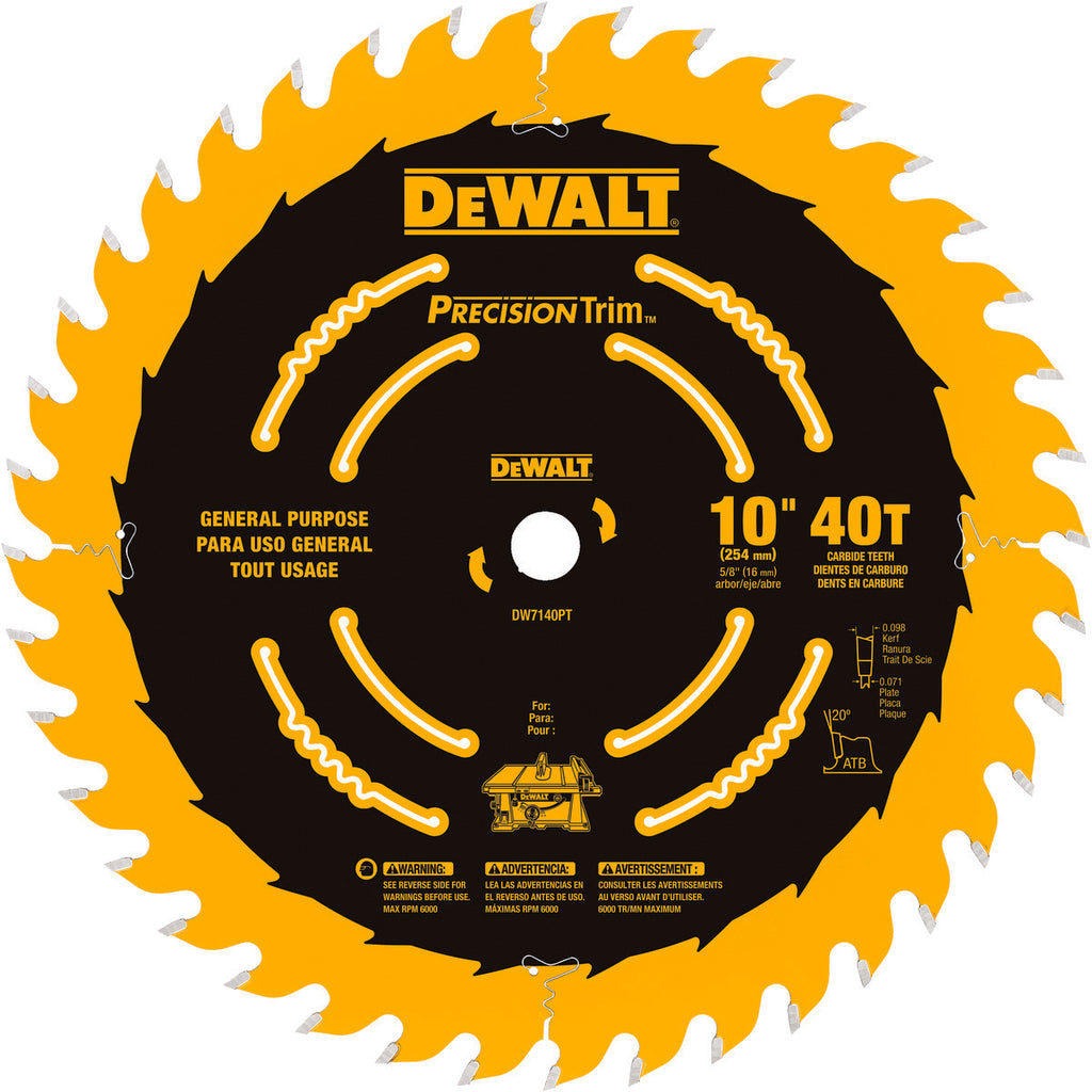 DeWALT® Precision Trim™ DW7140PT Circular Saw Blade, 10 in Dia x 0.071 in THK, 5/8 in Arbor, Carbide Blade, 40 Teeth