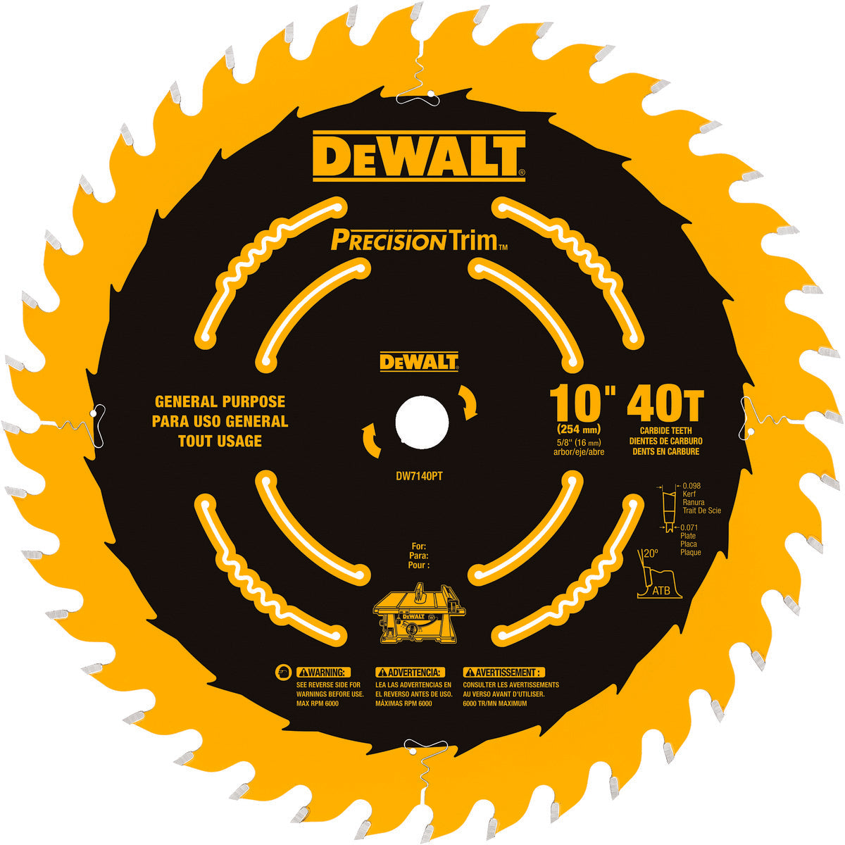 DeWALT® Precision Trim™ DW7140PT Circular Saw Blade, 10 in Dia x 0.071 in THK, 5/8 in Arbor, Carbide Blade, 40 Teeth