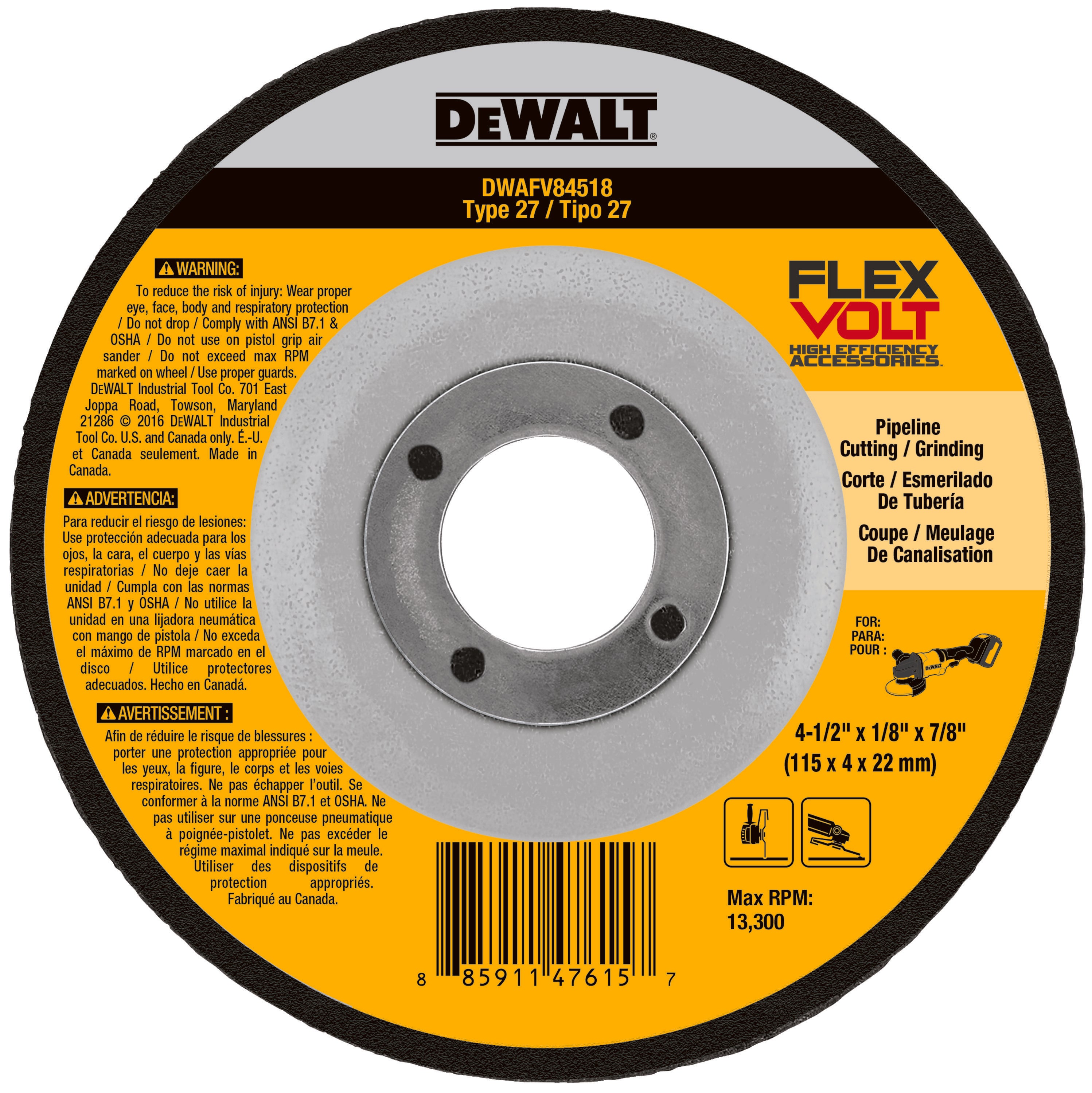 DeWALT® DWAFV84518 FlexVolt® Depressed Center Wheel, 4-1/2 in Dia x 1/8 in THK, 7/8 in Center Hole, Ceramic Abrasive