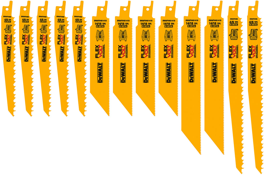 DeWALT® DWAFV413SET General Purpose Tapered Back Reciprocating Saw Blade Set, 6 in, 8 in, 9 in L x 3/4 in, 1 in W, Bi-Metal Body