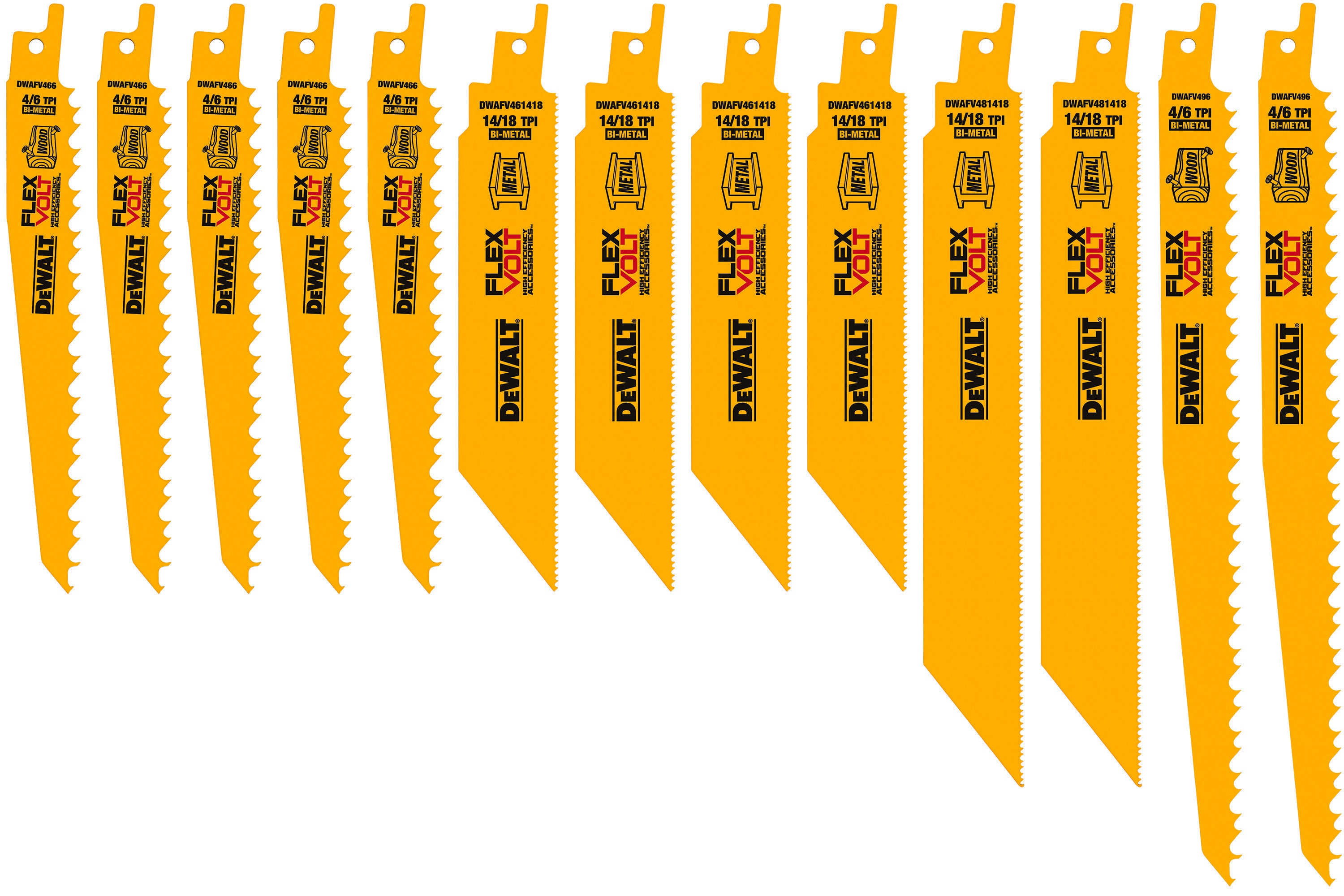 DeWALT® DWAFV413SET General Purpose Tapered Back Reciprocating Saw Blade Set, 6 in, 8 in, 9 in L x 3/4 in, 1 in W, Bi-Metal Body