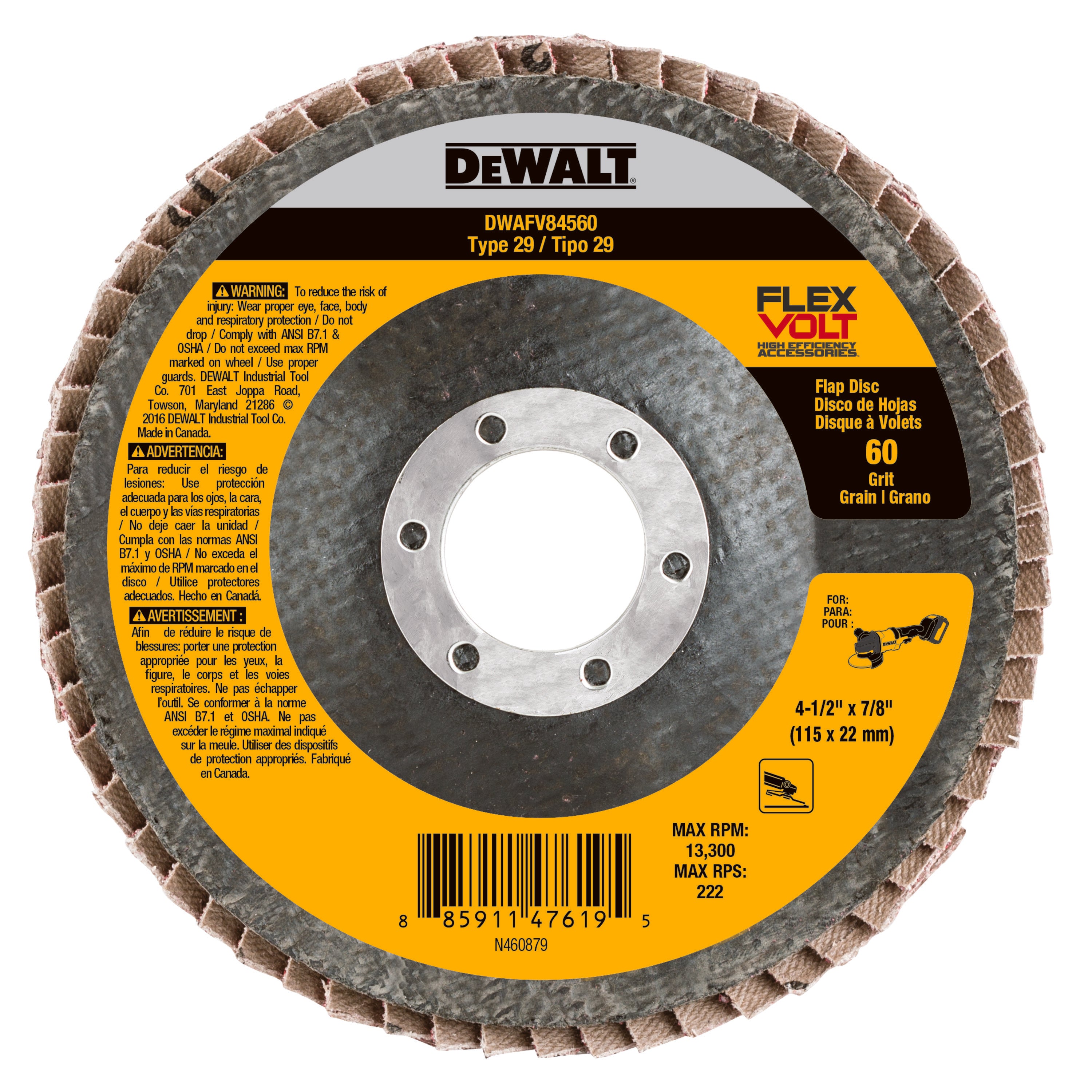 DeWALT® DWAFV84560 FLEXVOLT® High Performance Coated Abrasive Flap Disc, 4-1/2 in Dia, 7/8 in Center Hole, 60 Grit, Medium Grade, Ceramic Abrasive, Type 29 Disc