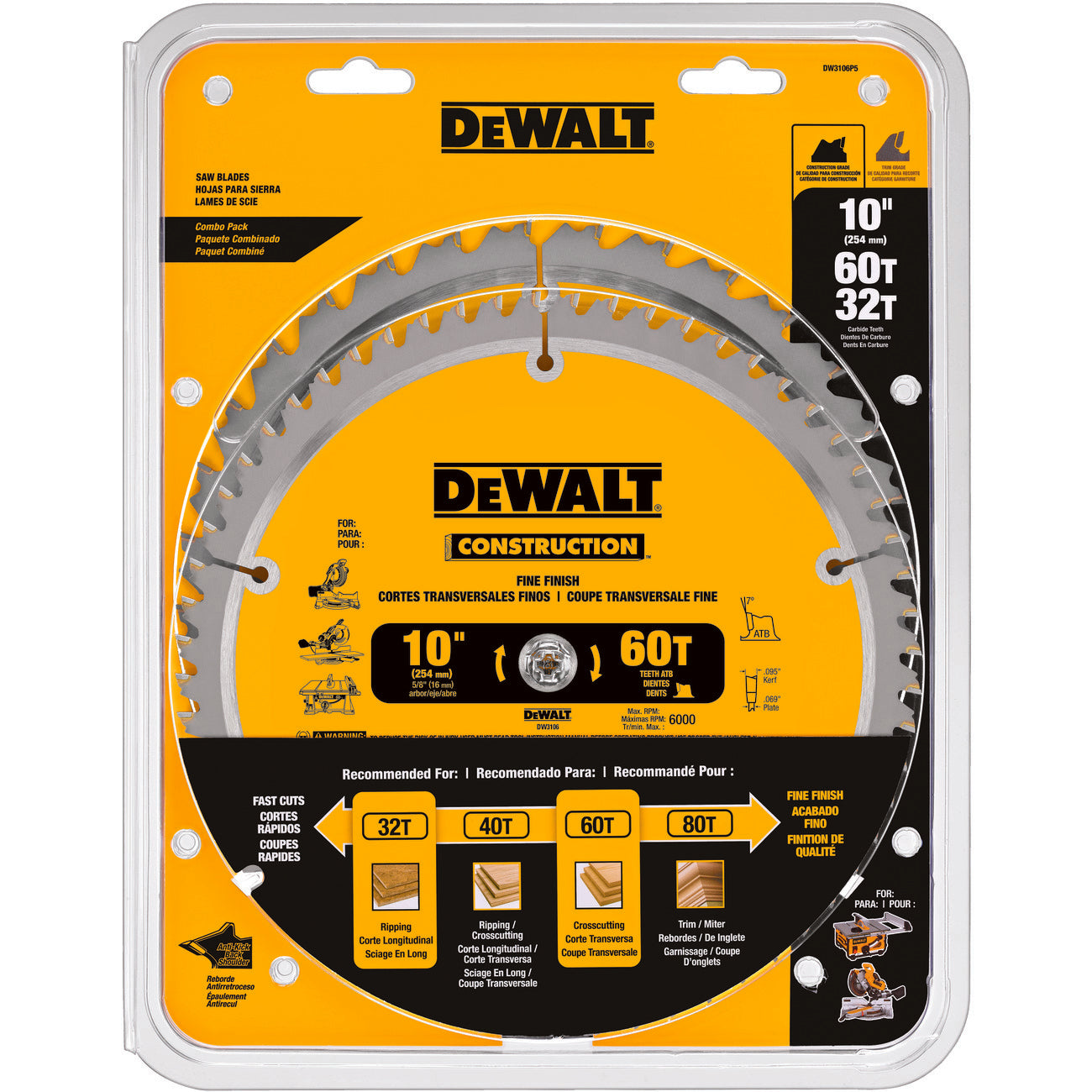 DeWALT® Guaranteed Tough® DW3106P5 Combo Large Diameter Thin Kerf Circular Saw Blade, 10 in Dia x 0.069 in THK, 5/8 in Arbor, Carbide Blade, 32/60 Teeth