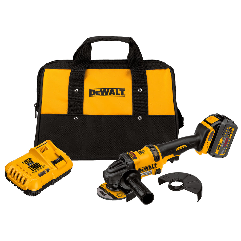 DeWALT® 60V MAX* FLEXVOLT™ DCG414T1 Brushless Cordless Angle Grinder With Kickback Brake, 6 in Dia Wheel, 5/8 in Arbor/Shank, 60 VDC, Li-Ion Battery, 1 Batteries, Trigger Switch, Tool Only