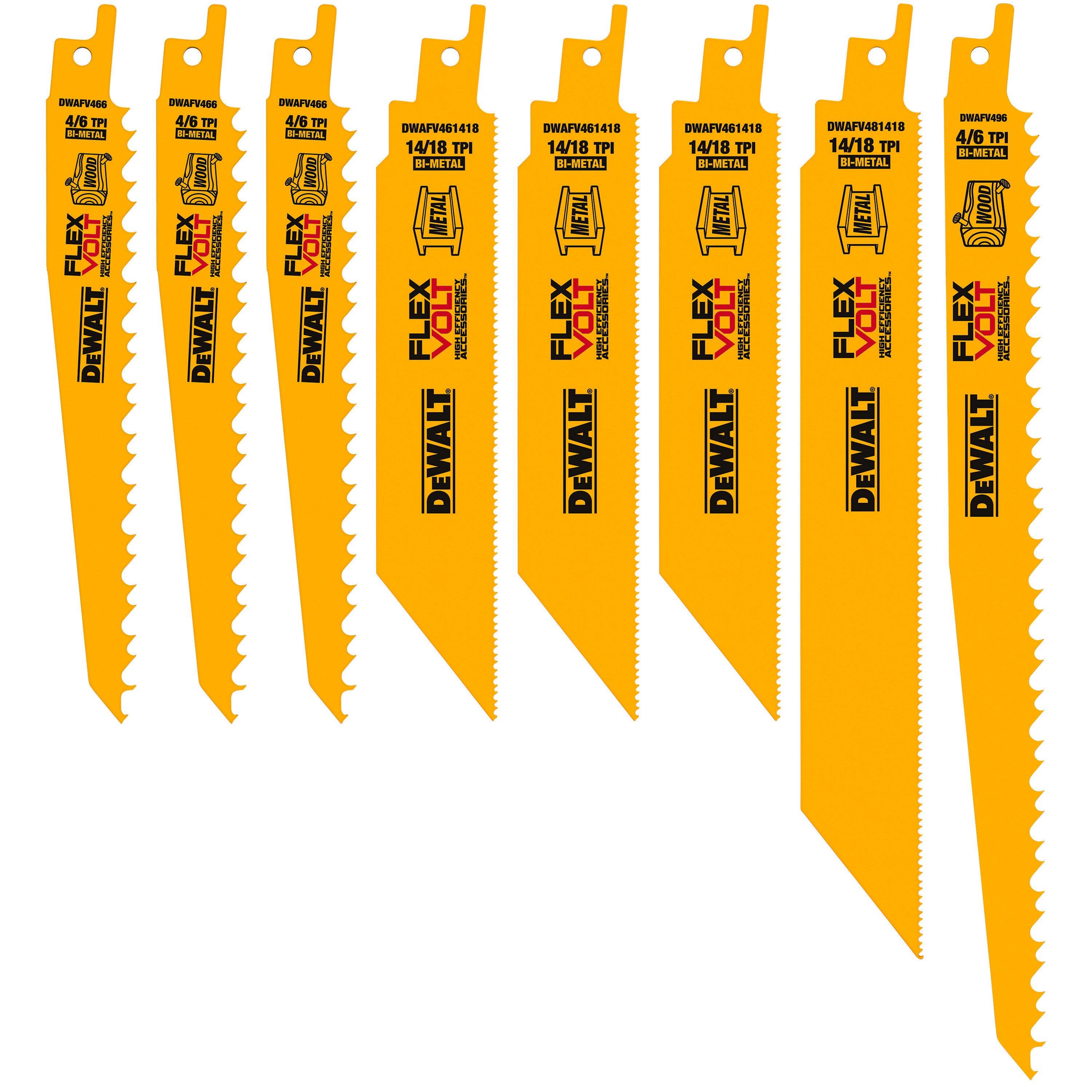 DeWALT® DWAFV48SET General Purpose Tapered Back Reciprocating Saw Blade Set, 6 in, 8 in, 9 in L x 3/4 in, 1 in W, Bi-Metal Body