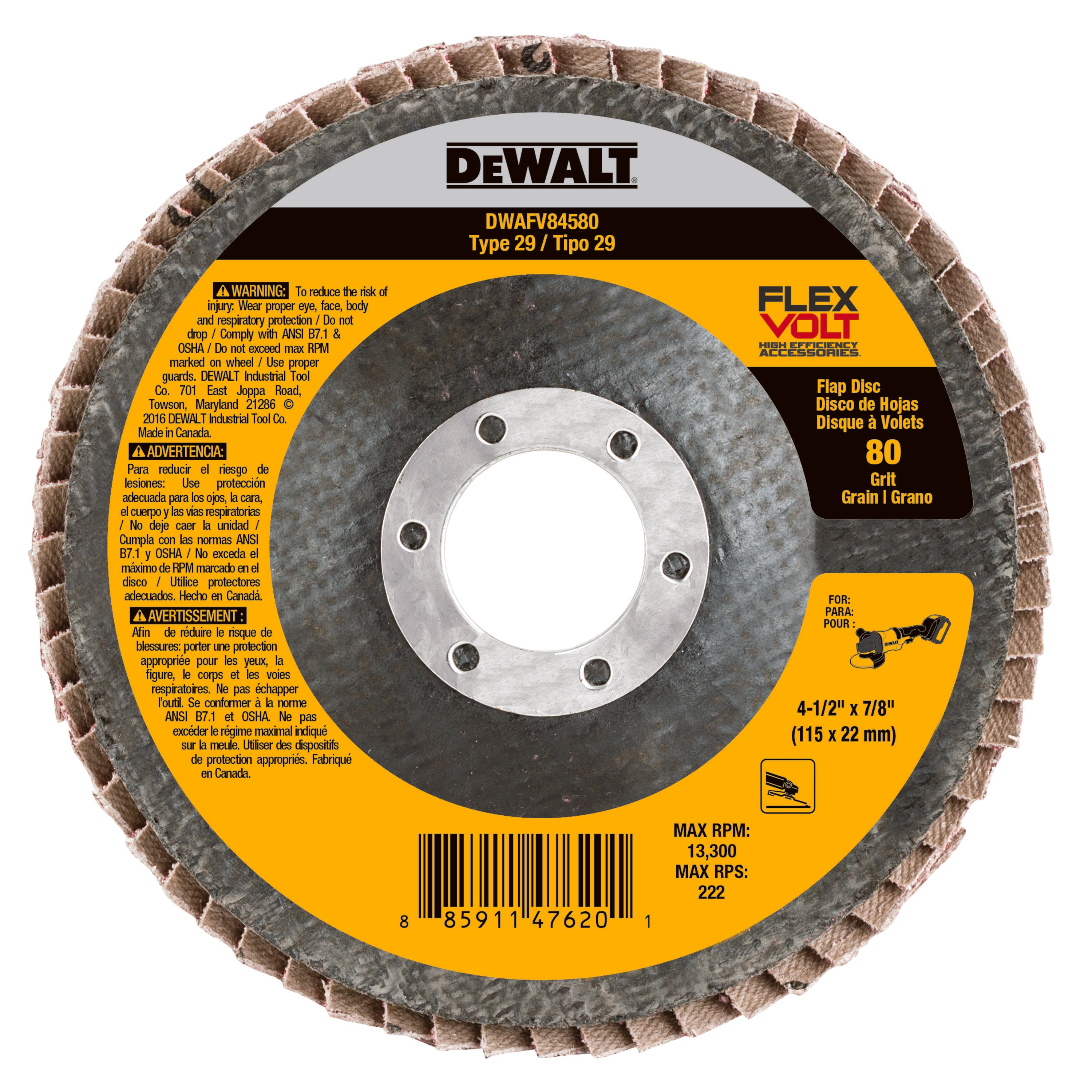 DeWALT® DWAFV84580 FLEXVOLT® High Performance Coated Abrasive Flap Disc, 4-1/2 in Dia, 7/8 in Center Hole, 80 Grit, Medium Grade, Ceramic Abrasive, Type 29 Disc