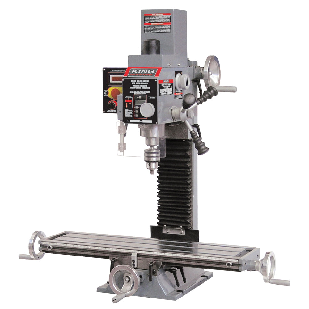 King Industrial KC-20VS-2 Milling Drilling Machine With Digital Readouts, 1 hp, 120 V AC, 7-1/16 x 27-1/2 in Table, 18-7/8 in Longitudinal Travel, Variable Speed Control, R8 Spindle